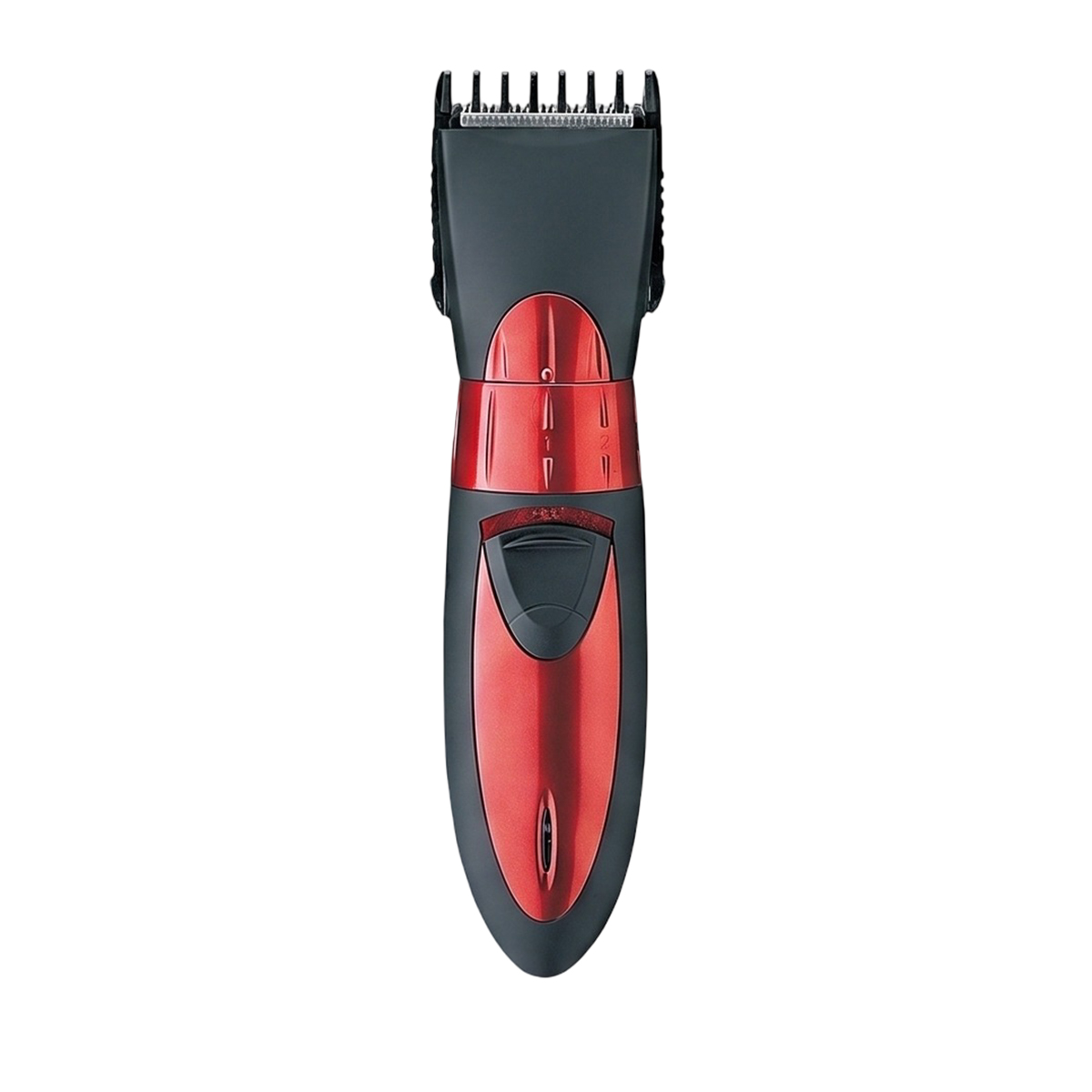 Ein rot-schwarzer Haarschneider mit Klingen und Längeneinstellungen.