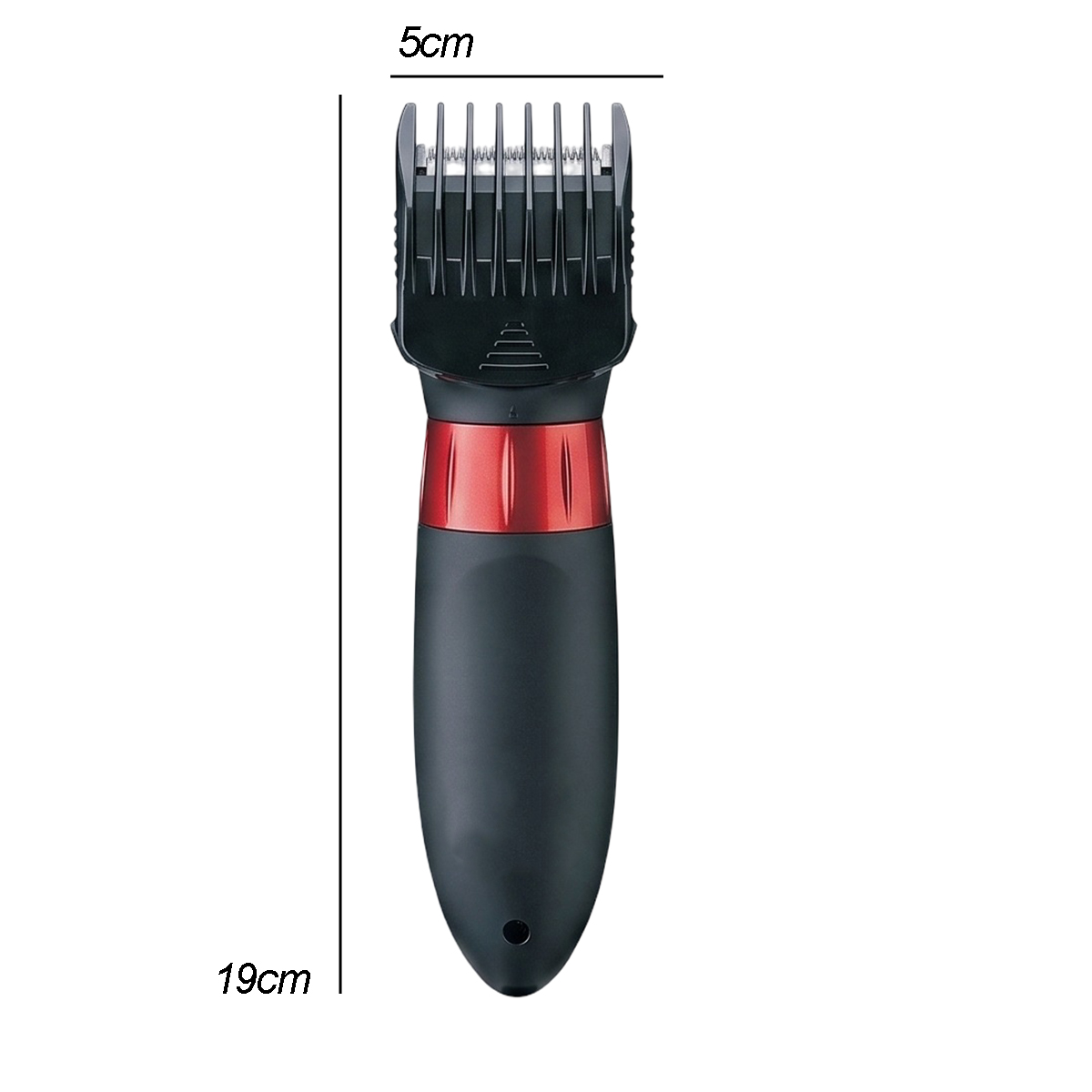 Ein schwarzer Haarschneider mit rotem Akzent und 5cm Klingenkamm. Gesamtlänge 19cm.