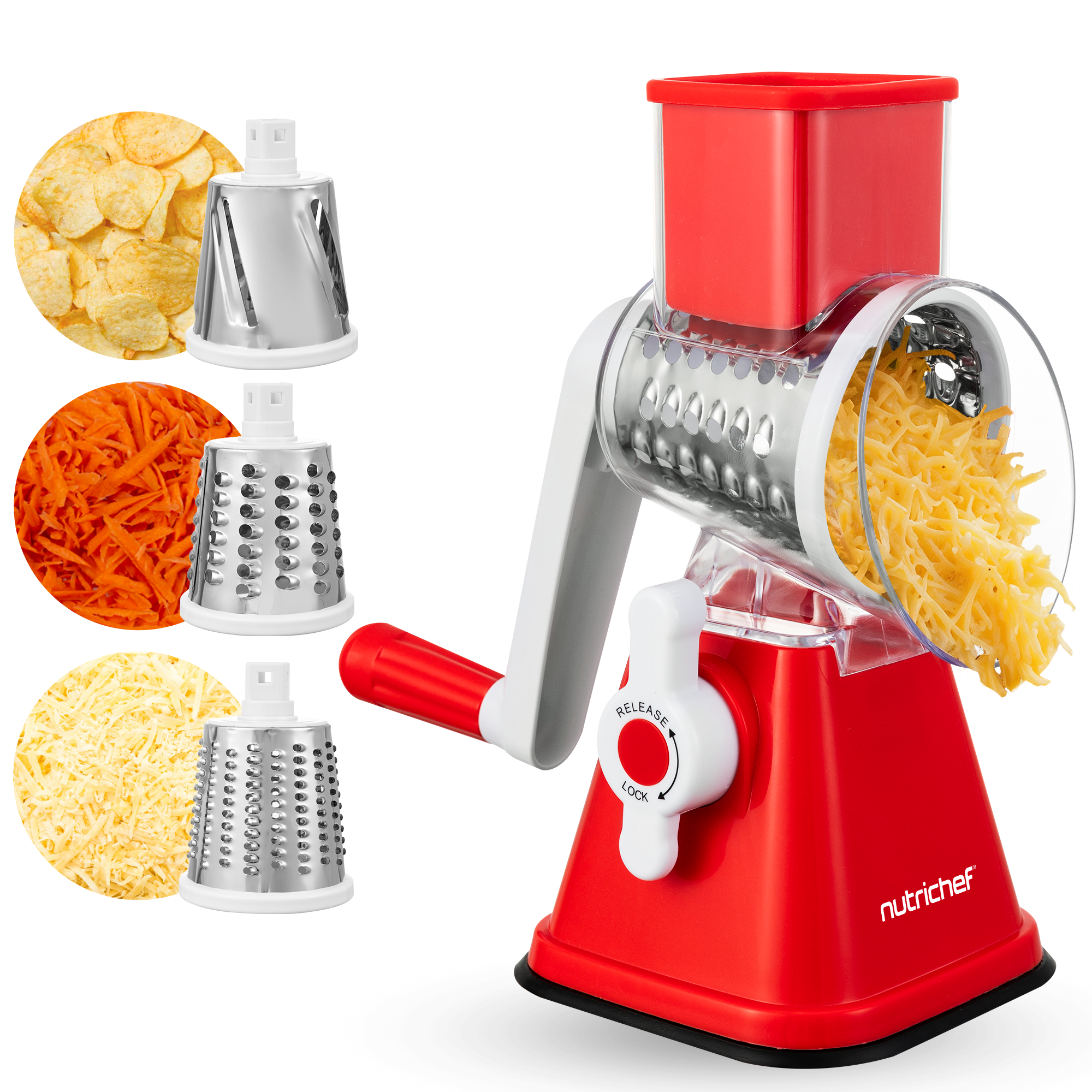 Ein roter Handkurbel-Reibe mit drei Einsätzen für Kartoffelchips, Karotten und Käse.