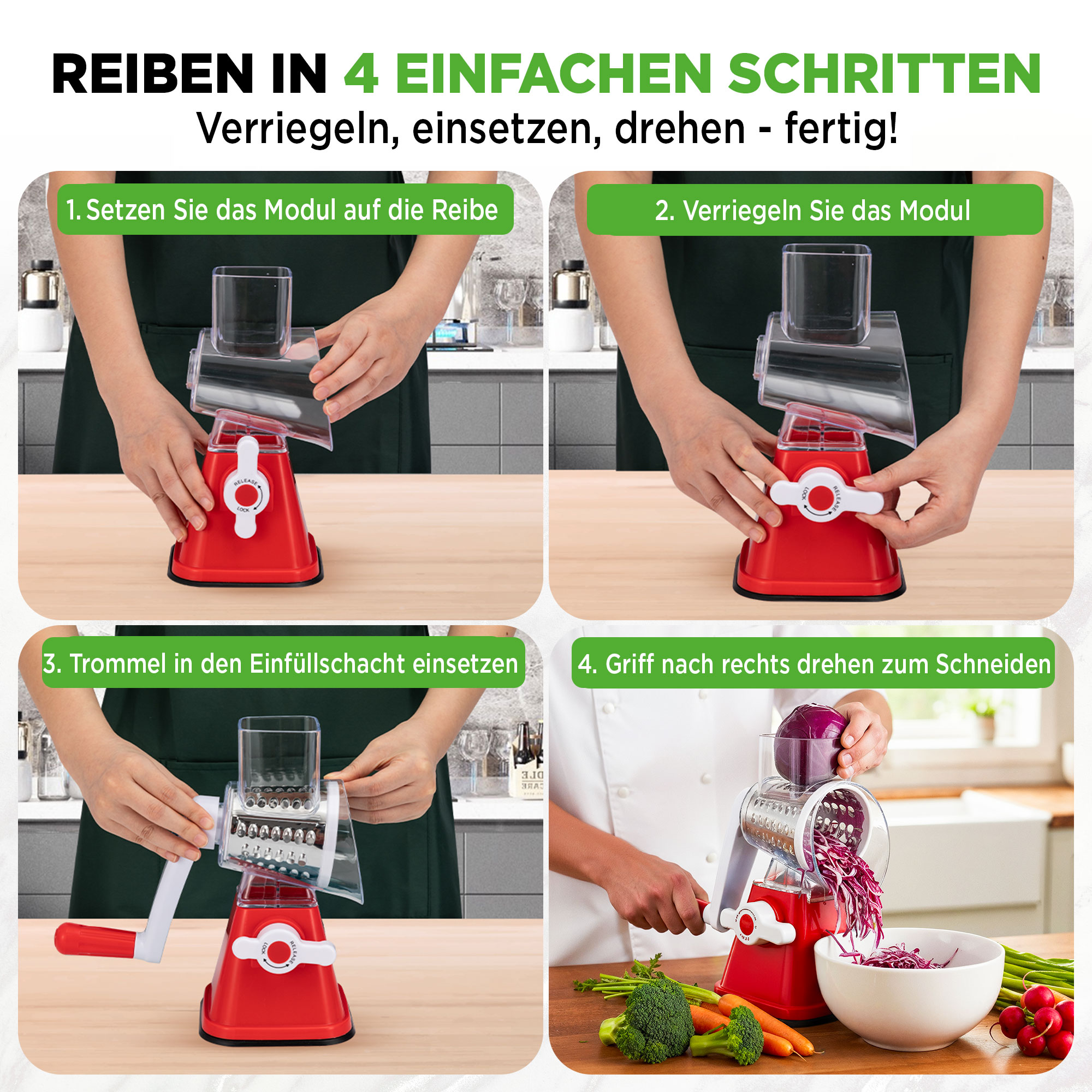 Anleitung zum Zusammenbau und Gebrauch eines roten Gemüseschneiders in 4 Schritten.