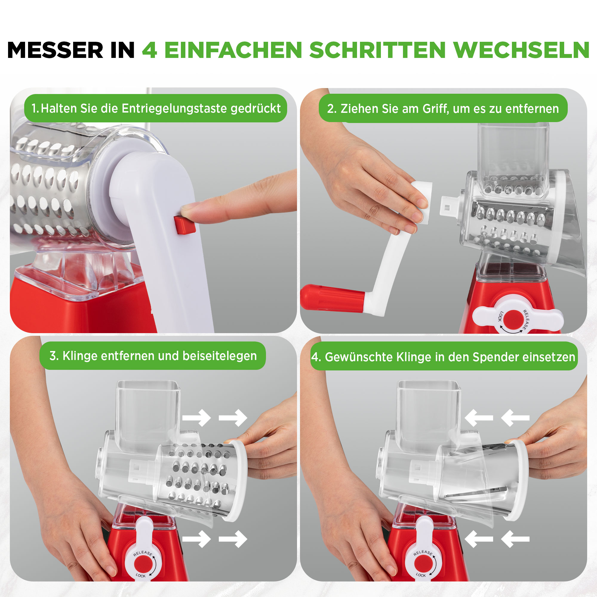 Anleitung zum Wechseln von Messern an einem roten Küchenreiben in 4 Schritten.