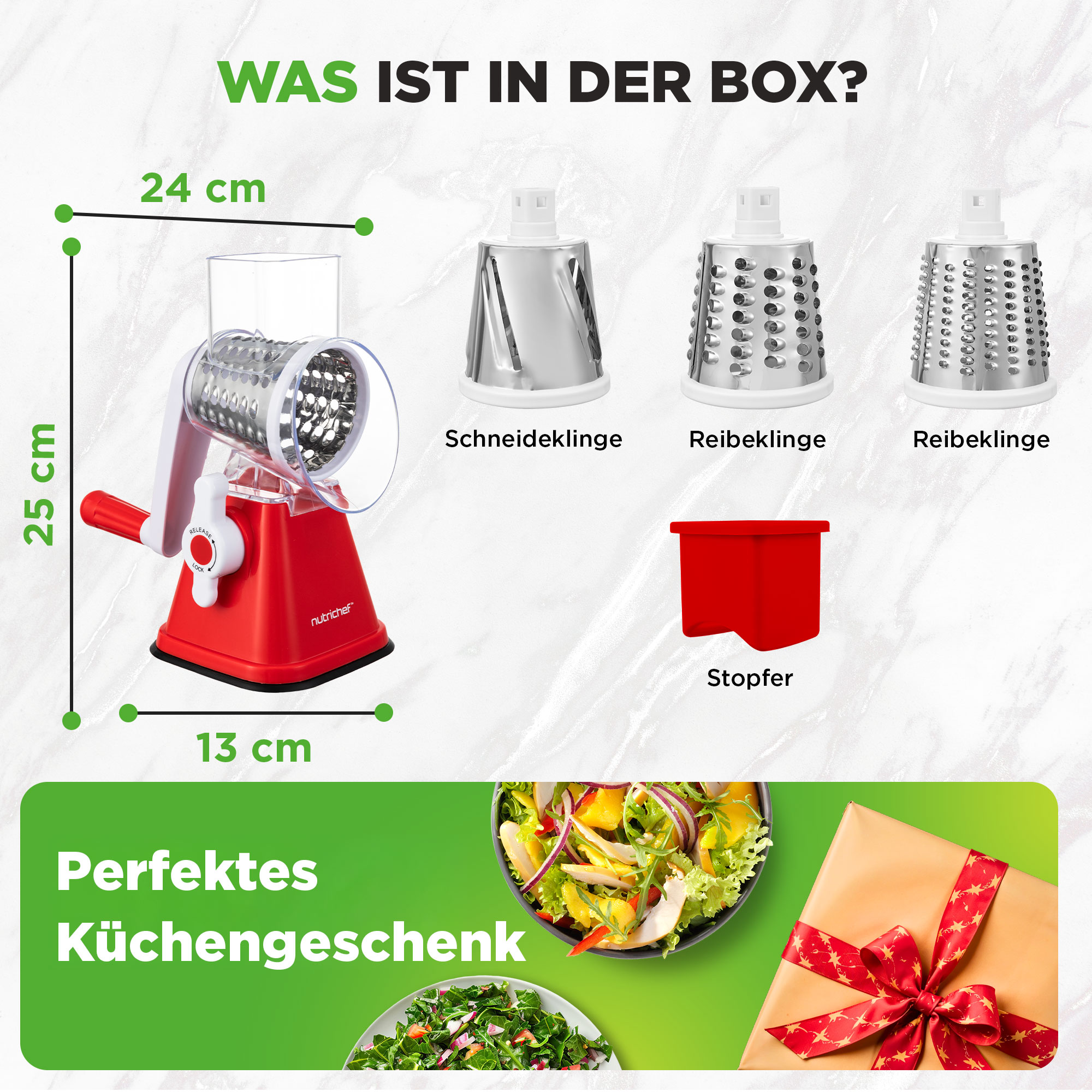 Ein roter Küchenreiben mit Einsätzen und Messungen. Nebenan sind Salate und ein Geschenk.