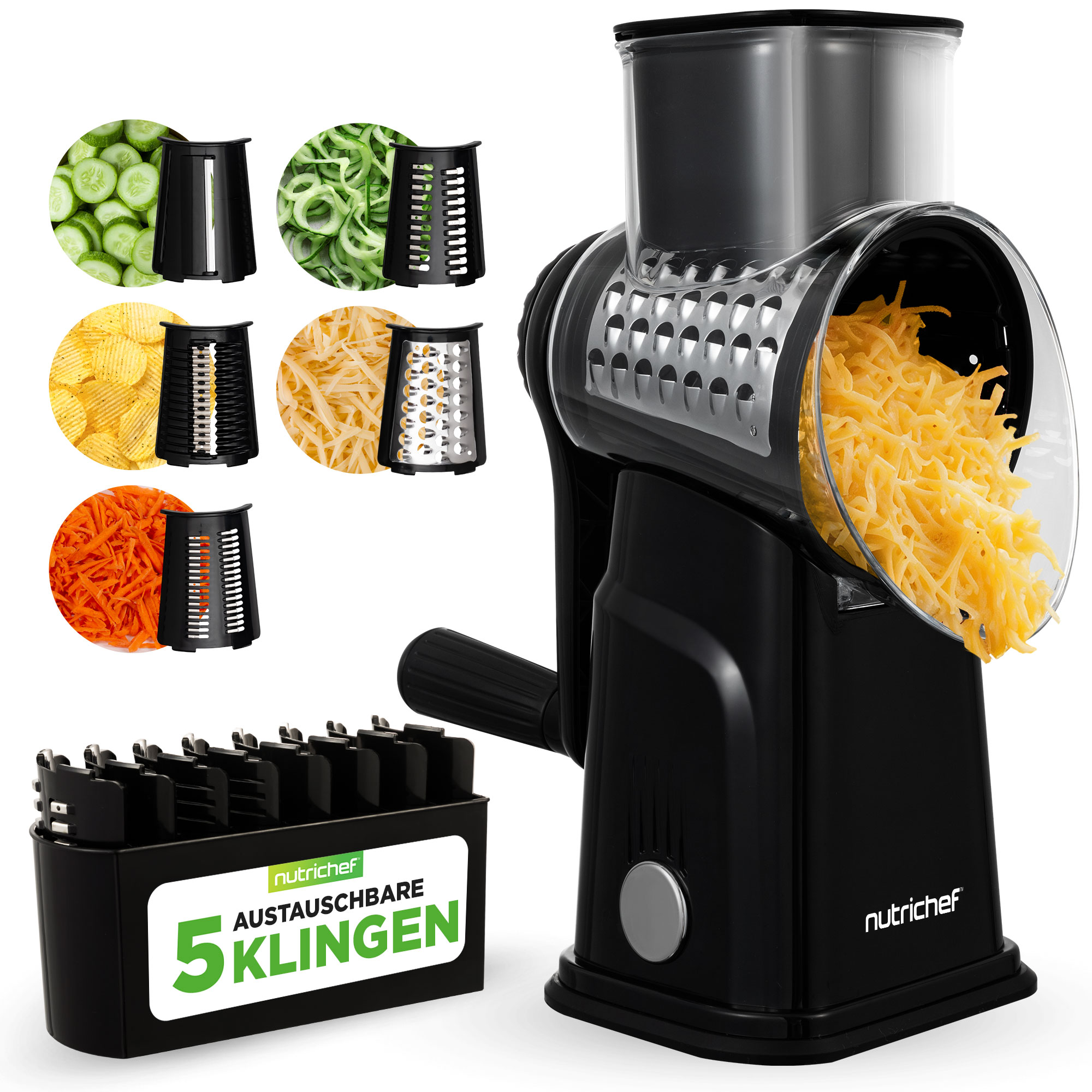 Schwarzer Küchenreibe mit Kurbel, Auffangbehälter für geriebenen Käse und Zubehör.