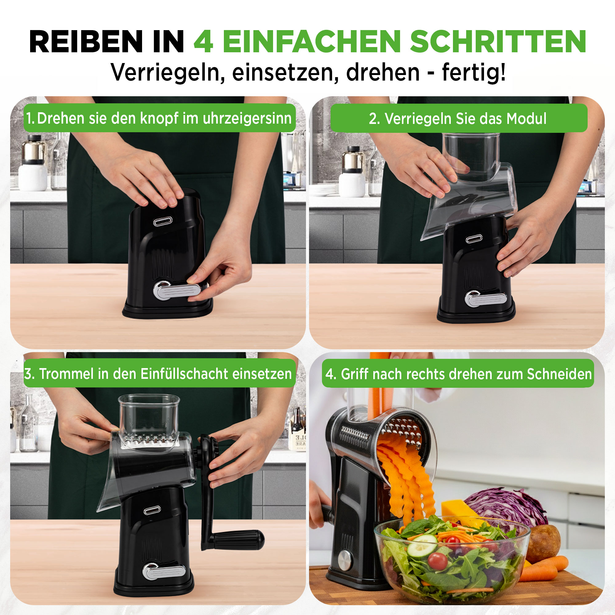 Anleitung zum Benutzen eines Gemüseschneiders in 4 Schritten.