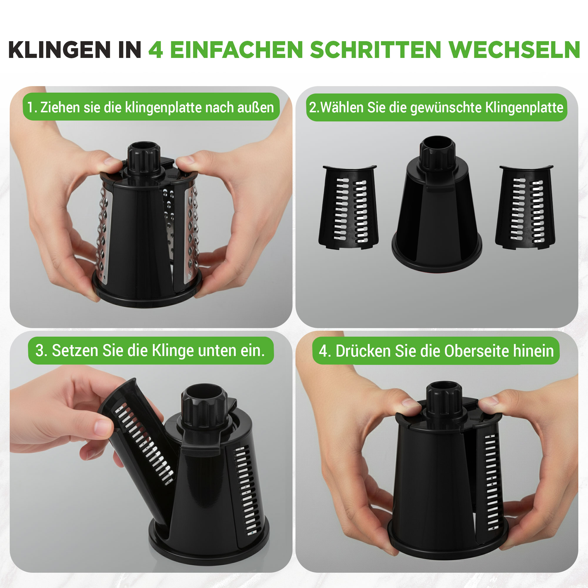 Anleitung zum Wechseln von Klingen in 4 Schritten mit Händen und Küchengerät.