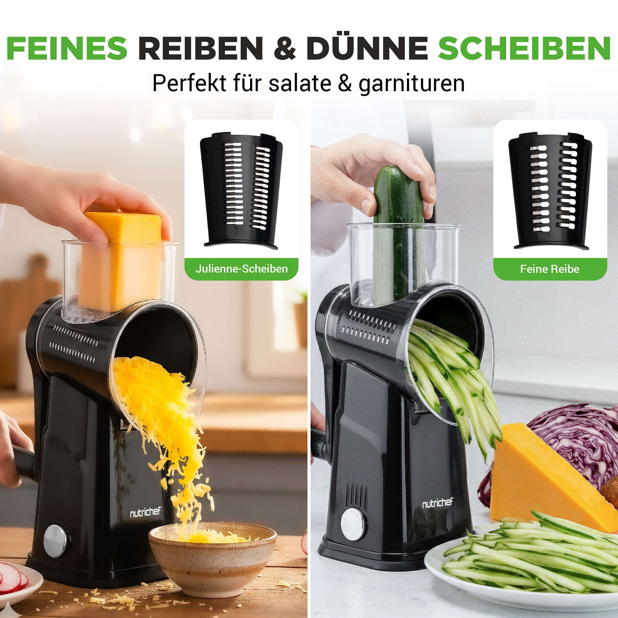 Ein Küchengerät reibt Käse und schneidet Gurken in Julienne-Form für Salate.