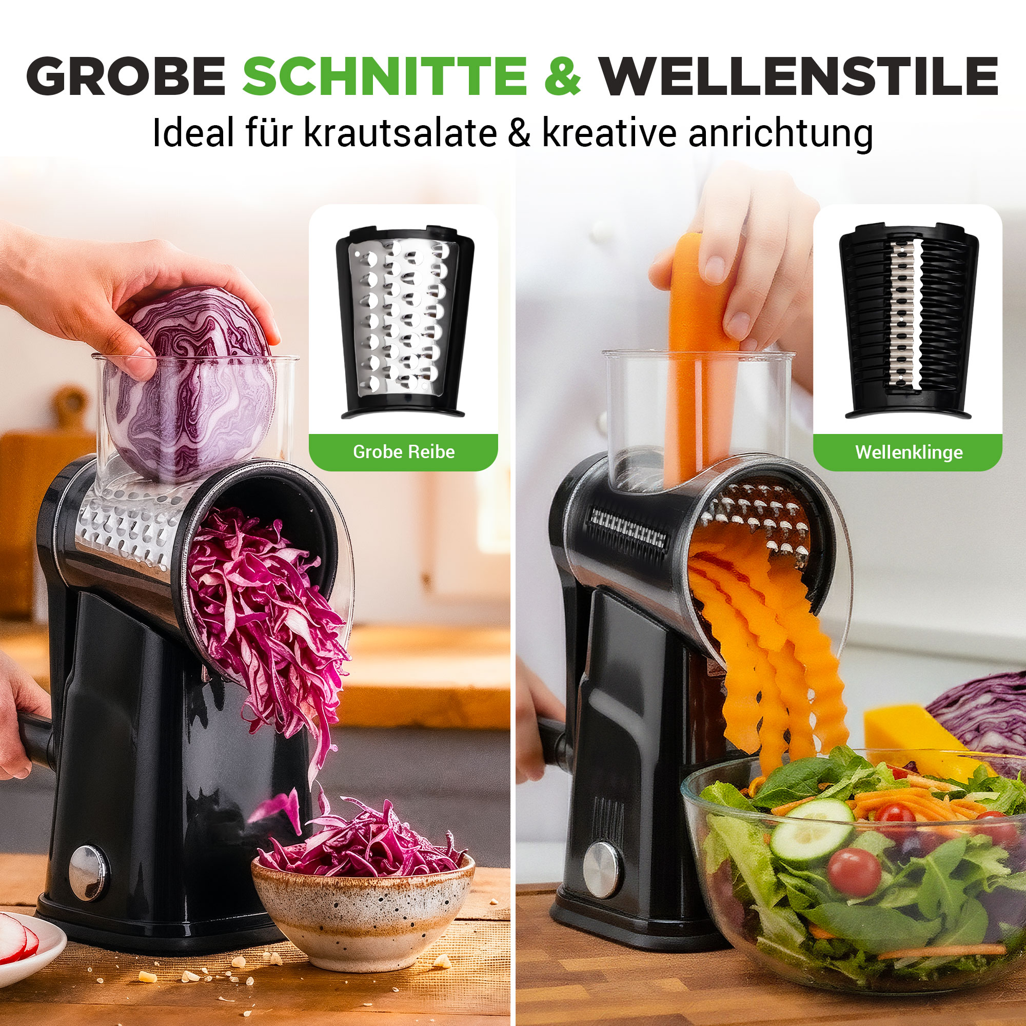 Ein schwarzer Gemüseschneider zerkleinert Rotkohl und Karotten für Salate.