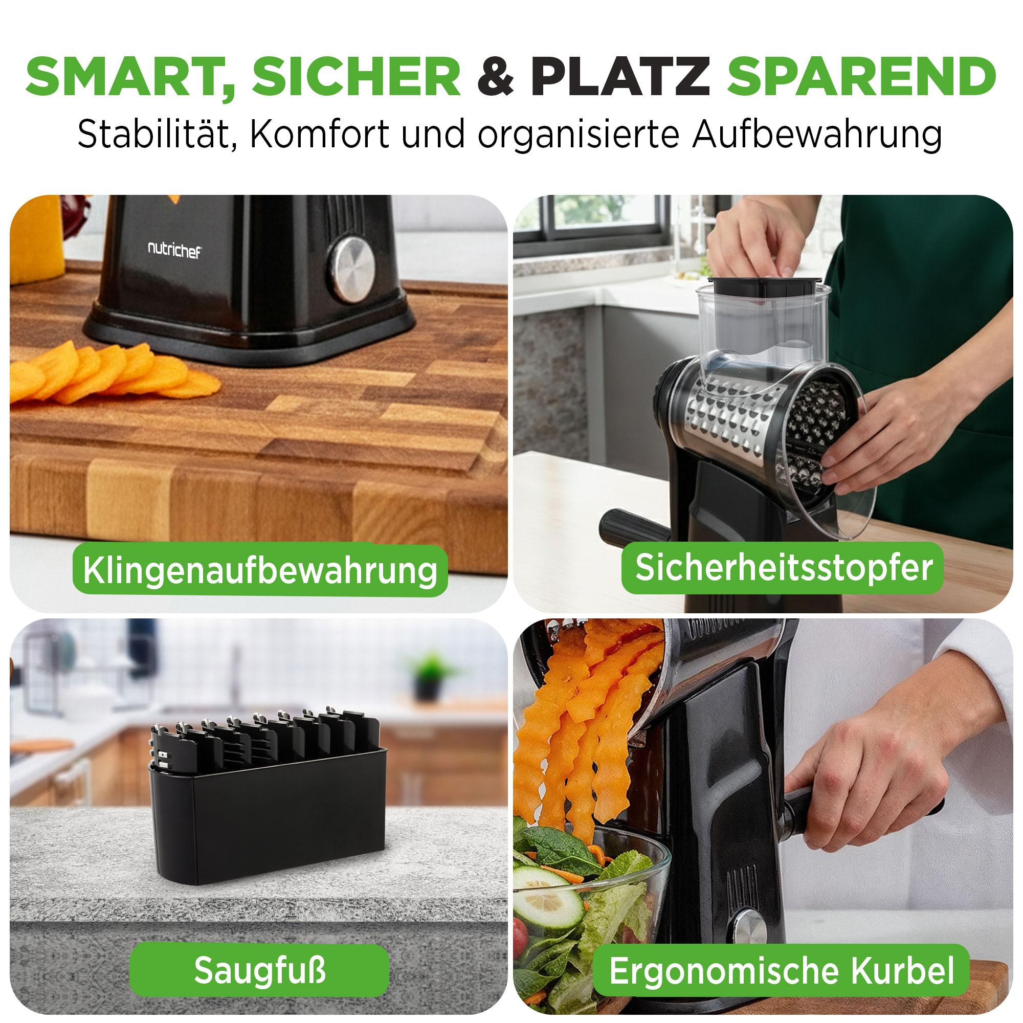 Vier Bilder zeigen einen Gemüseschneider: Klingenaufbewahrung, Sicherheitsstopfer, Saugfuß, ergonomische Kurbel.