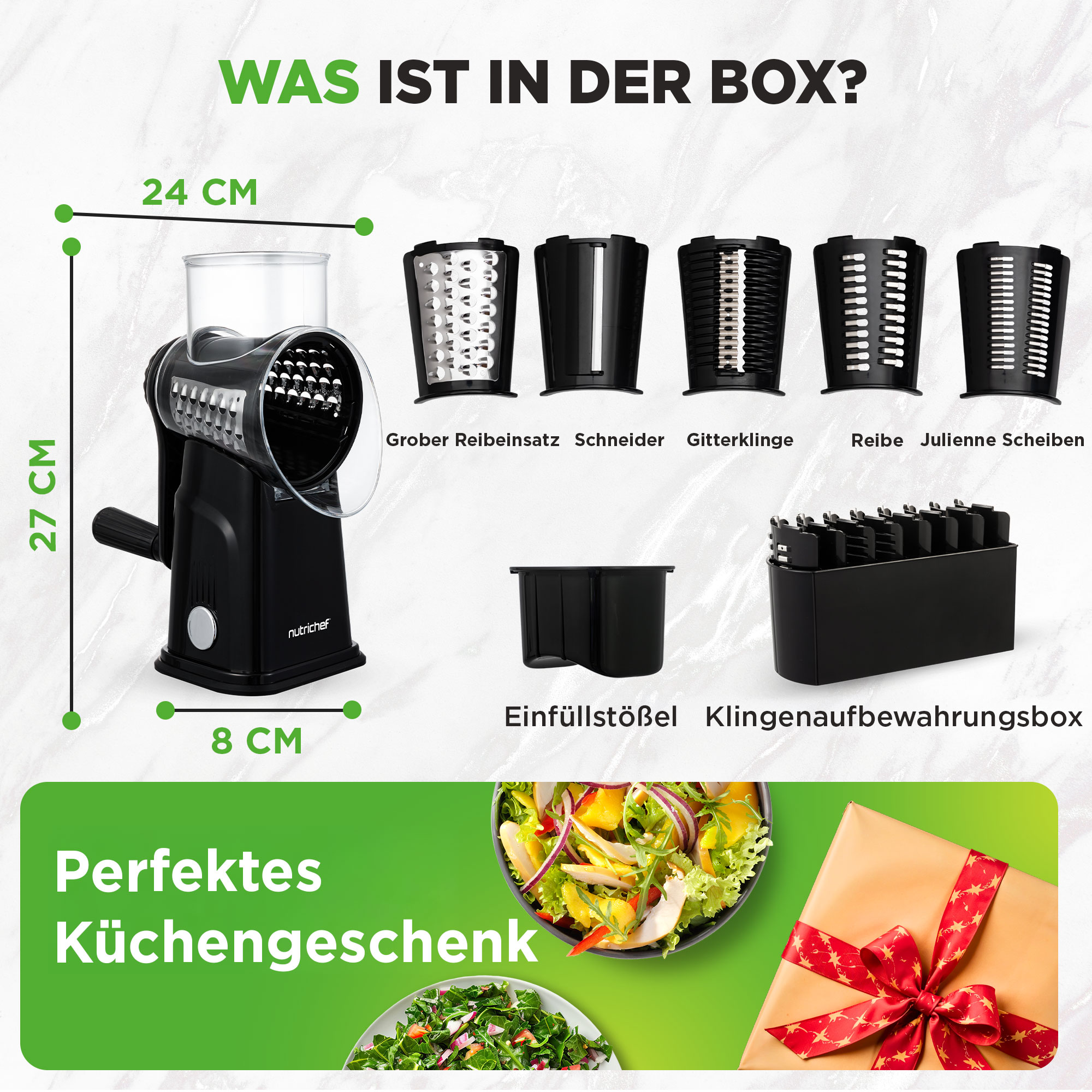 Ein Küchenreiben-Set mit verschiedenen Aufsätzen und Aufbewahrungsbox.
