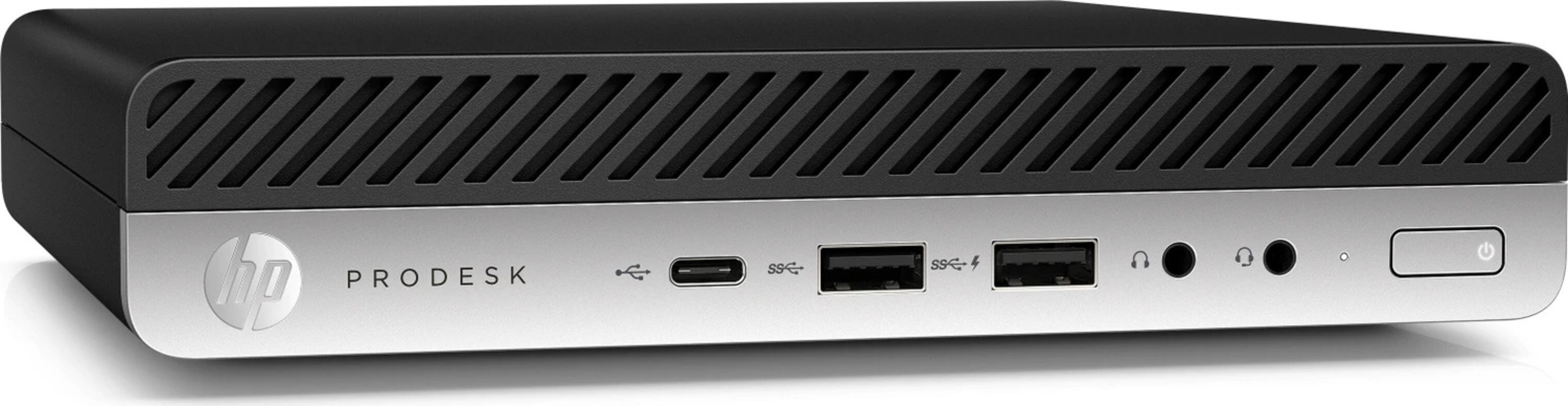 Ein schwarzer HP ProDesk Mini-PC mit silberner Frontplatte und Anschlüssen.
