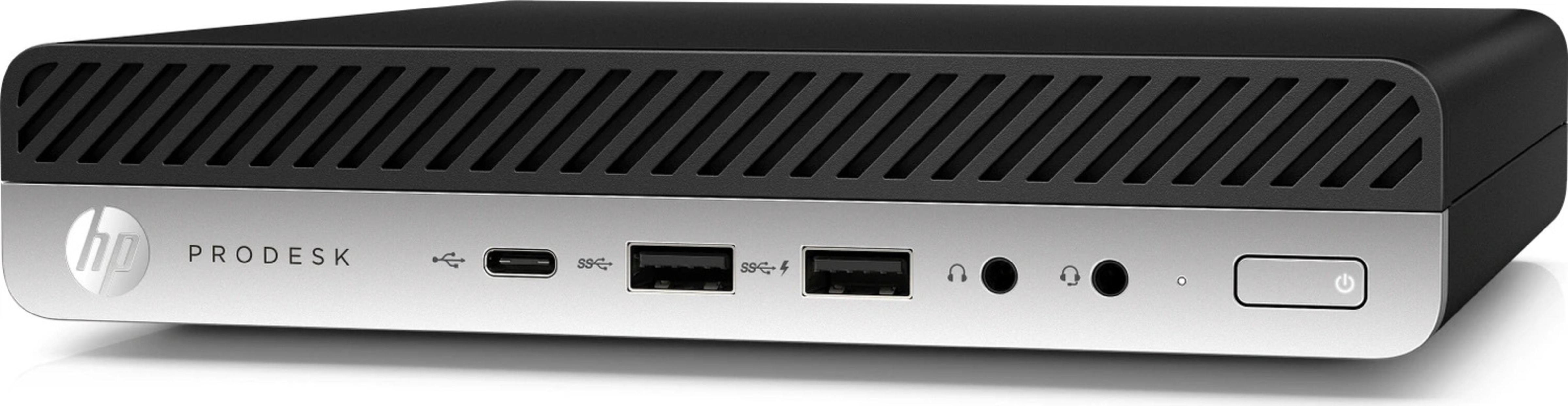 Kompakter schwarzer HP ProDesk Computer mit silberner Front und Anschlüssen.