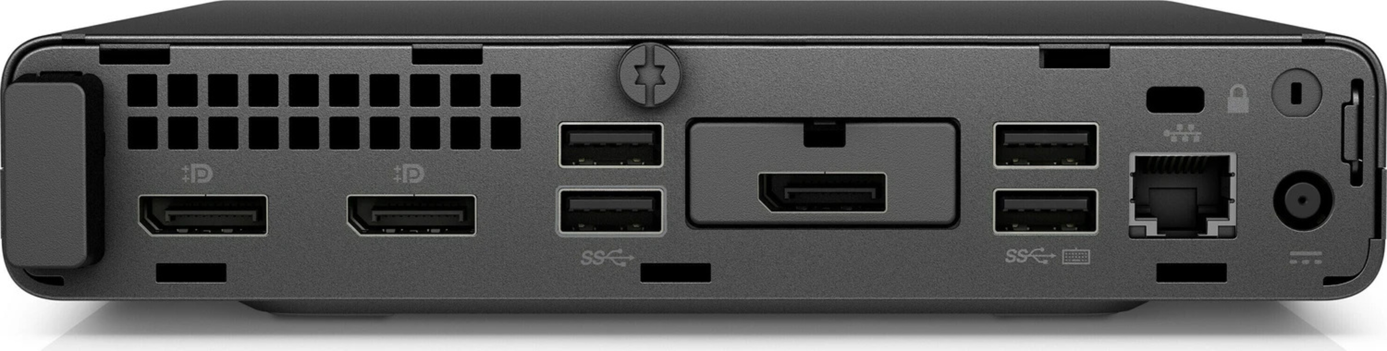 Rückseite eines schwarzen Computers mit mehreren Anschlüssen: USB, HDMI, Ethernet.