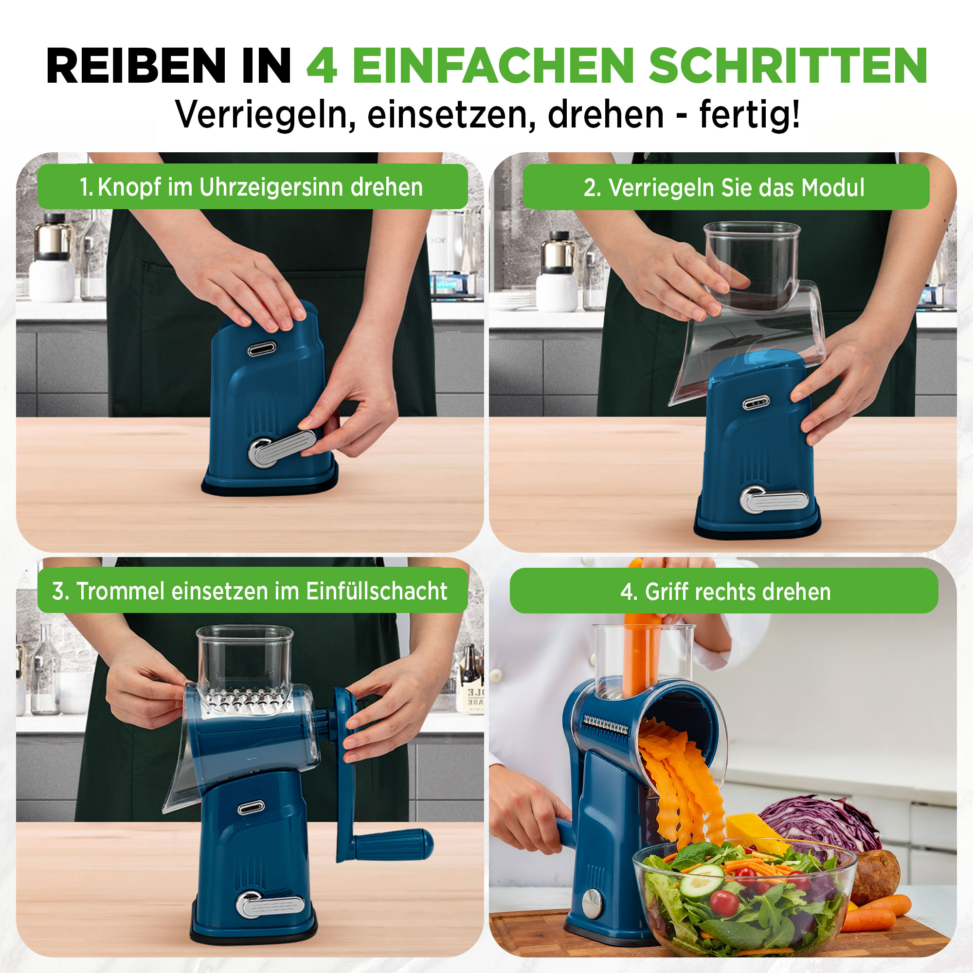 Vier Schritte: Montage eines blauen Gemüseschneiders, dann Schnippeln von Karotten.