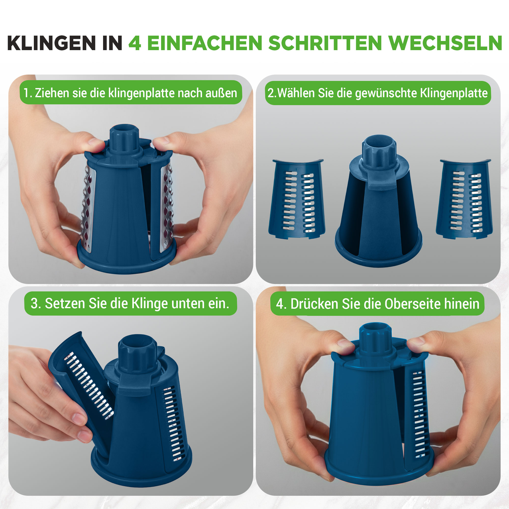Anleitung zum Wechseln von Klingen in 4 Schritten mit blauen Einsätzen.