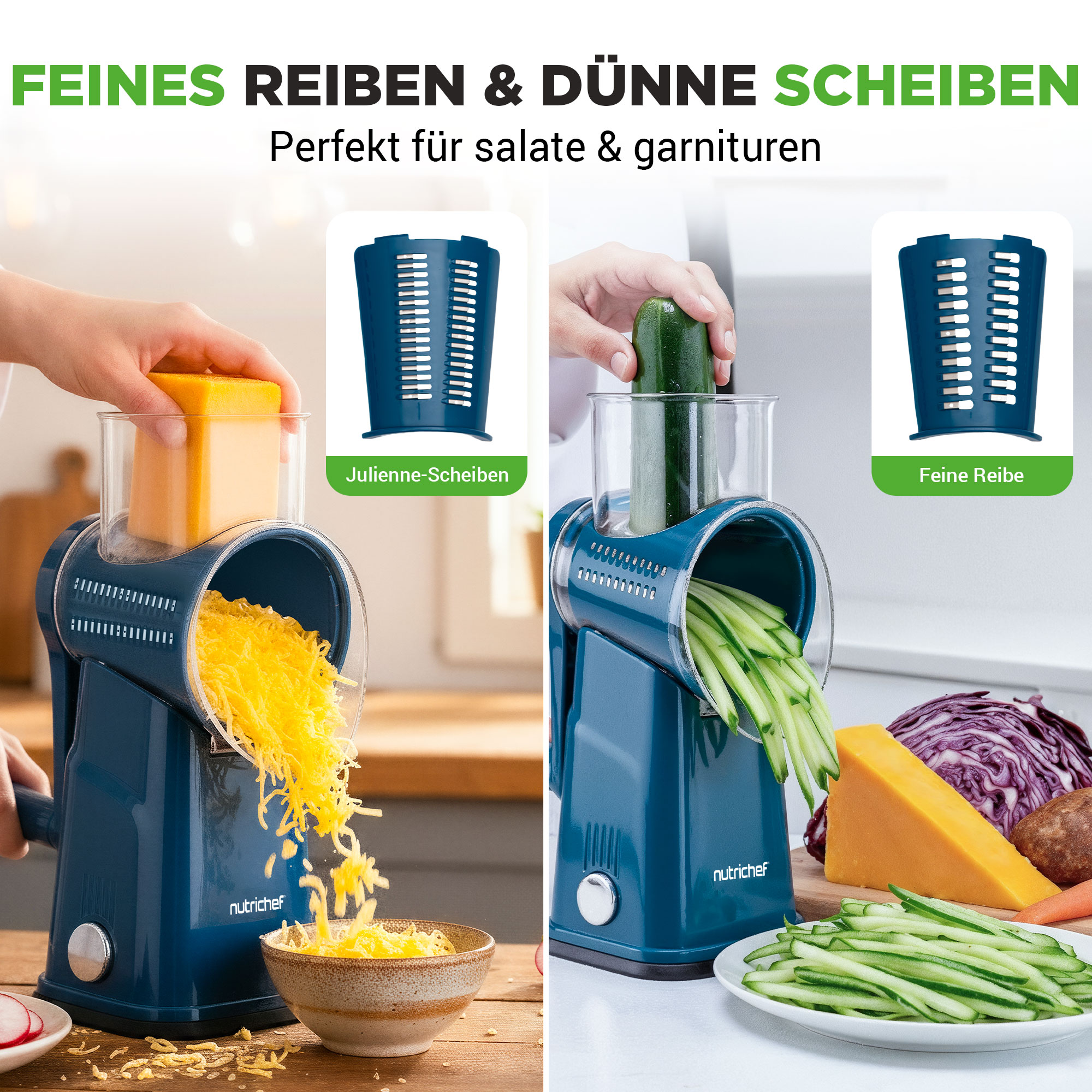 Ein blauer Küchenreiben-Schneider in Aktion, Käse und Gurken werden verarbeitet.