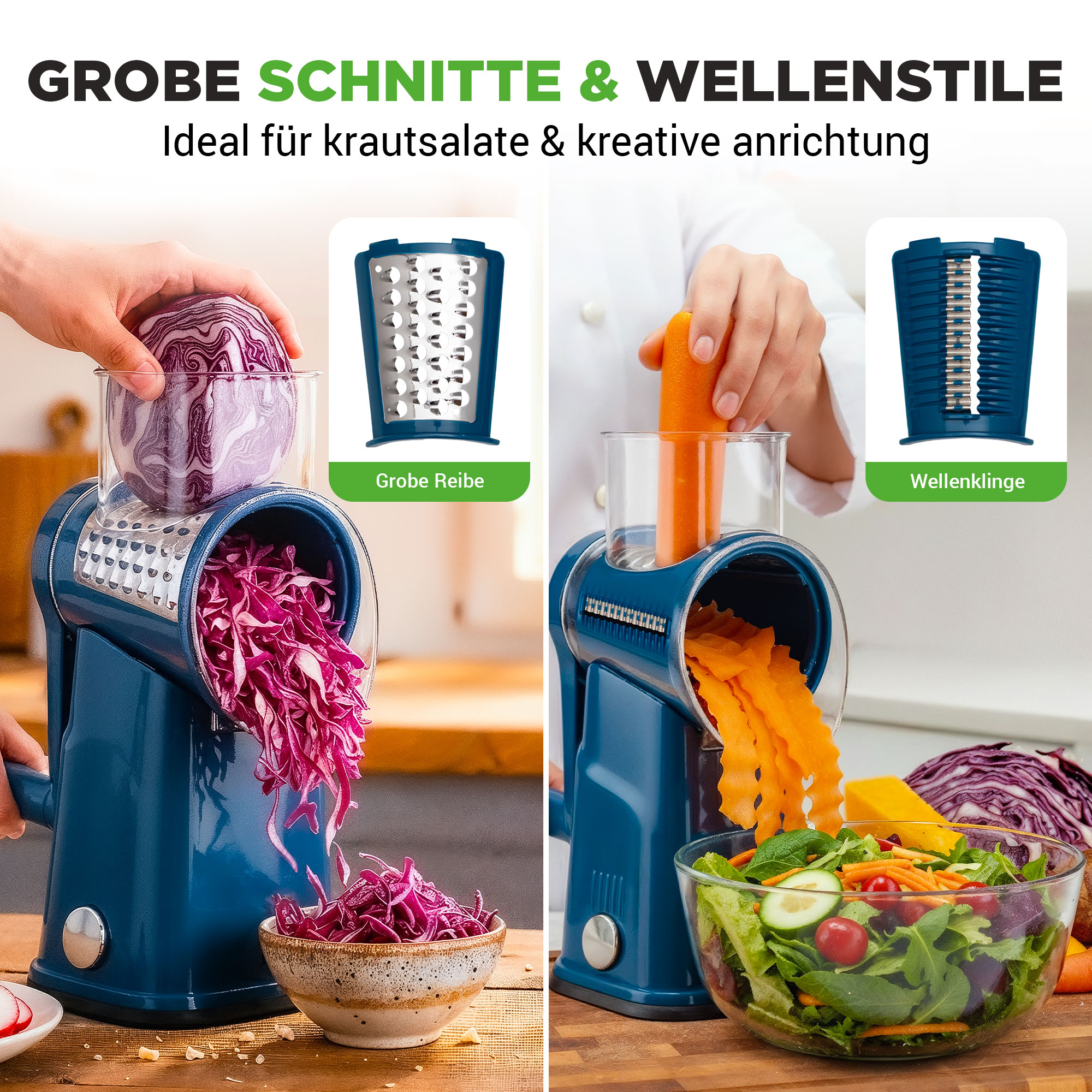 Ein blauer Gemüseschneider verarbeitet Rotkohl und Karotten zu Salat.
