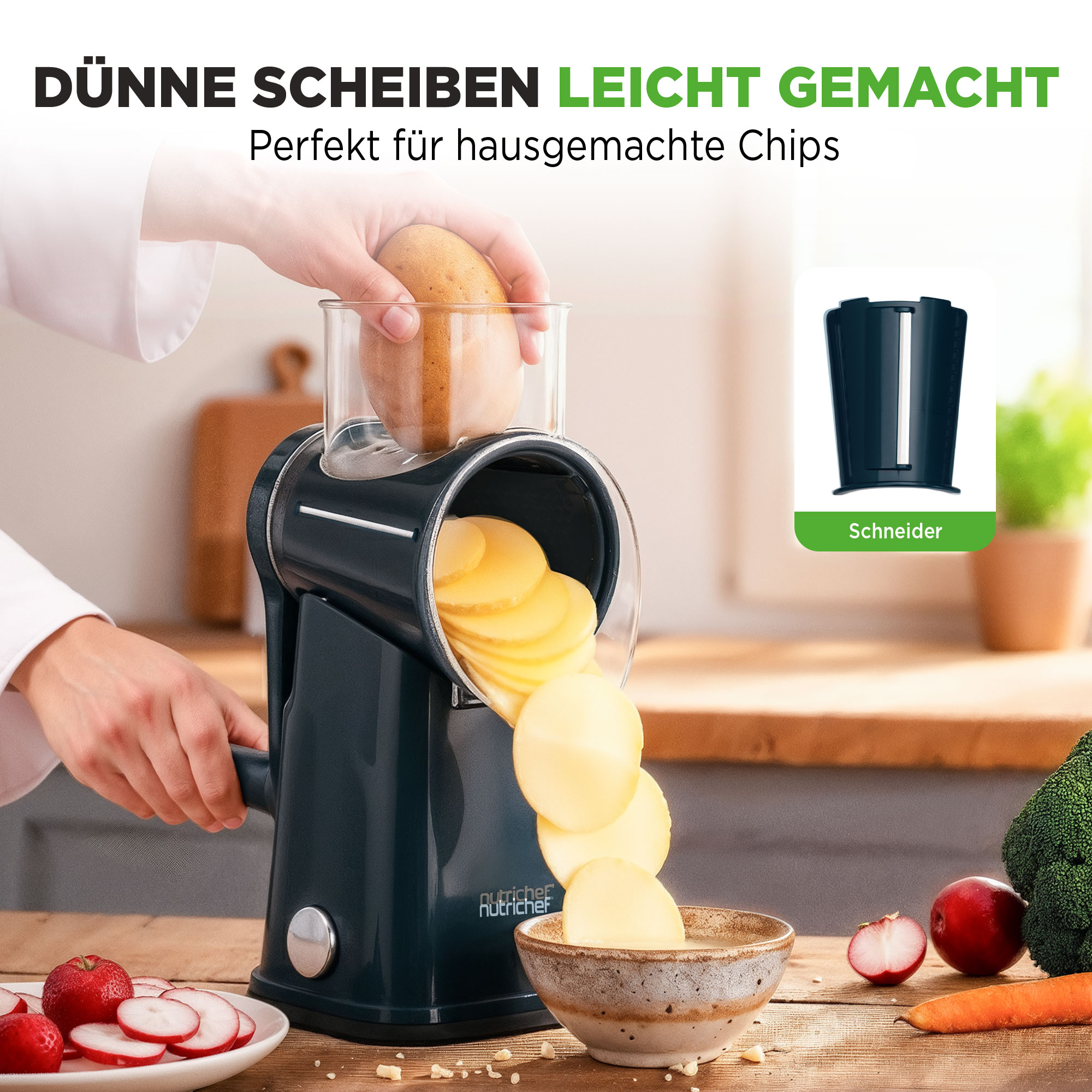 Ein Kartoffelschneider schneidet Kartoffelscheiben in eine Schüssel. Radieschen und Gemüse liegen daneben.