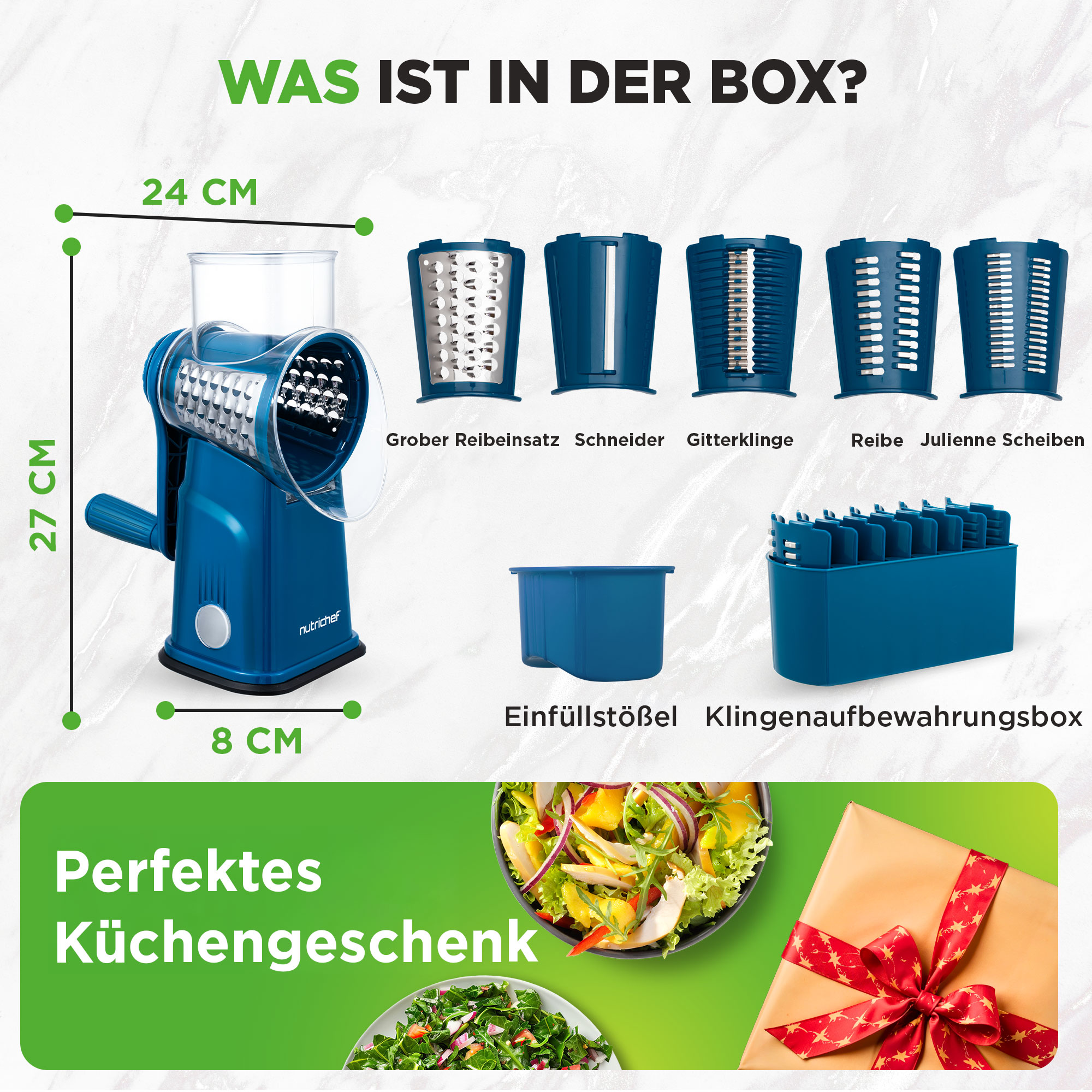 Blauer Gemüseschneider mit Zubehör und Maßangaben. Enthält Aufsätze und Aufbewahrungsbox.