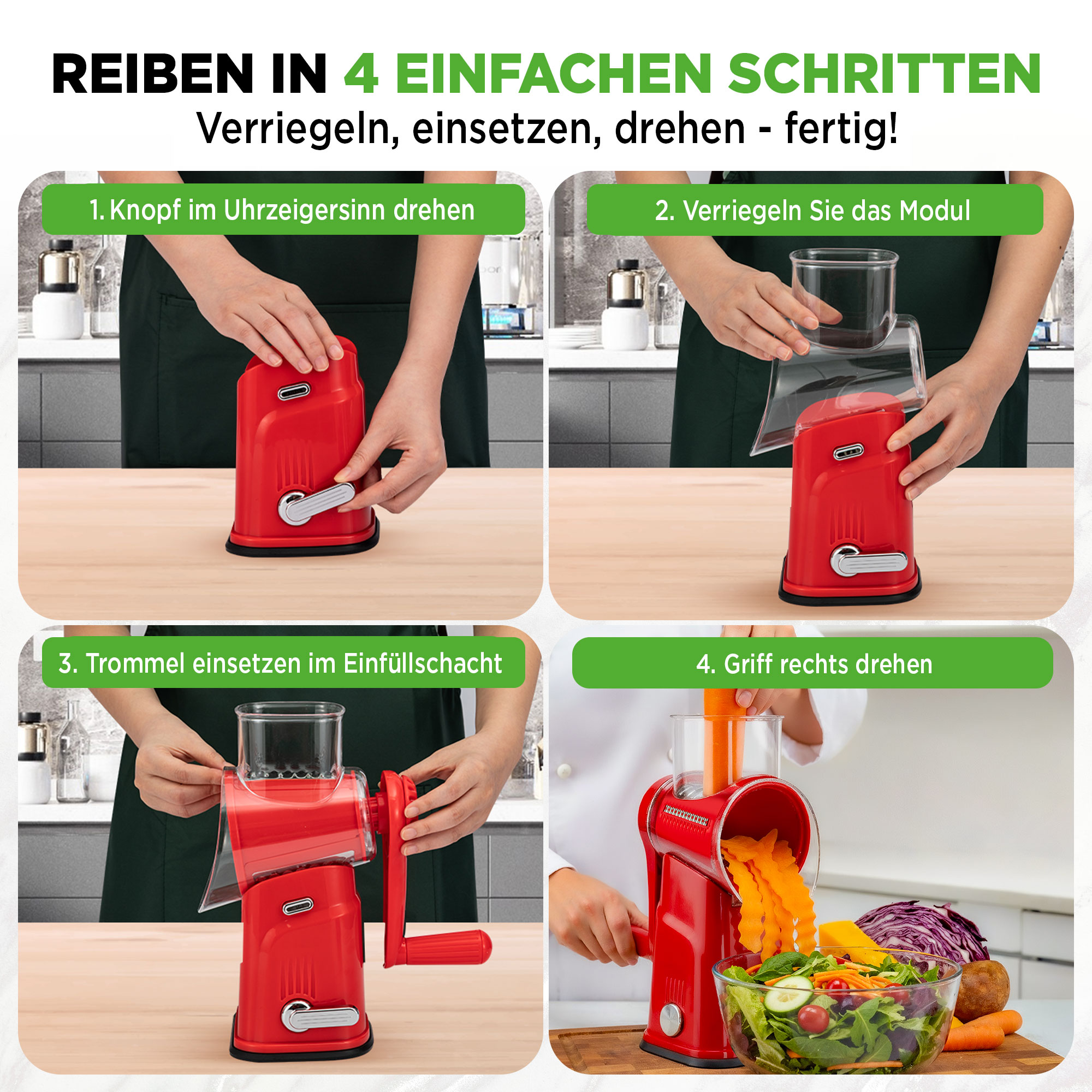 Anleitung für einen roten Gemüseschneider in 4 Schritten.