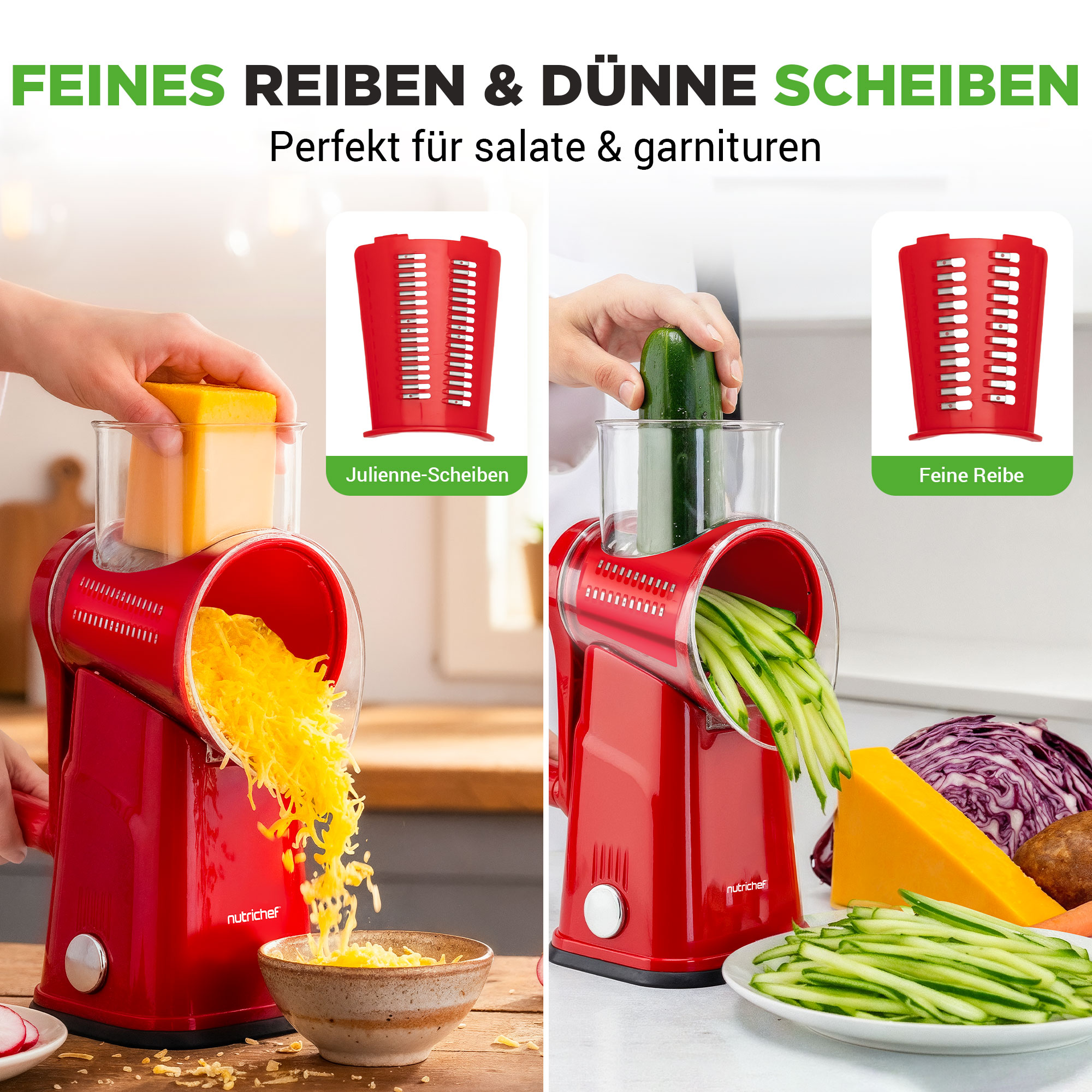 Roter Gemüseschneider reibt Käse und schneidet Gurken in Streifen.