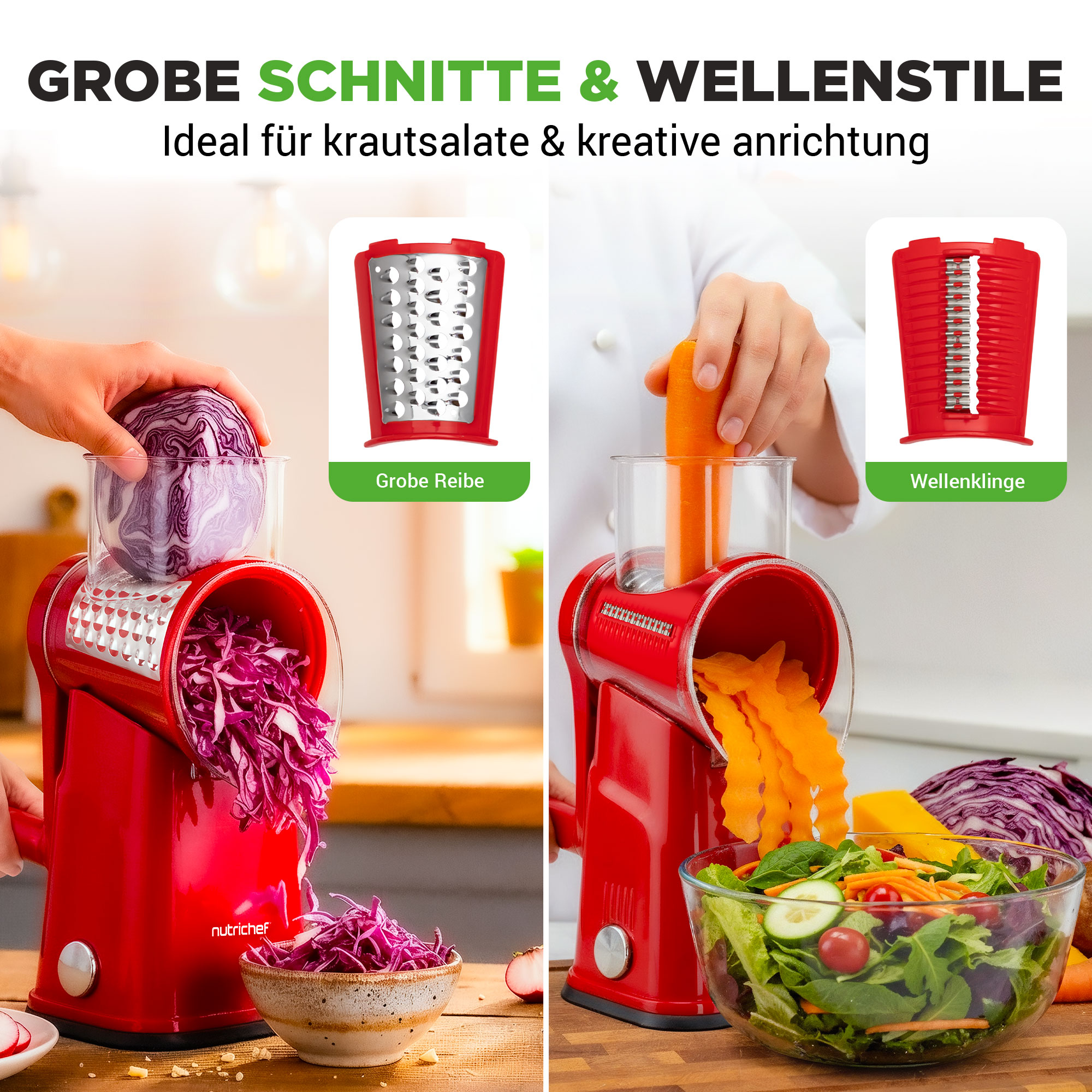 Ein roter Gemüseschneider verarbeitet Rotkohl und Karotten zu Salat.