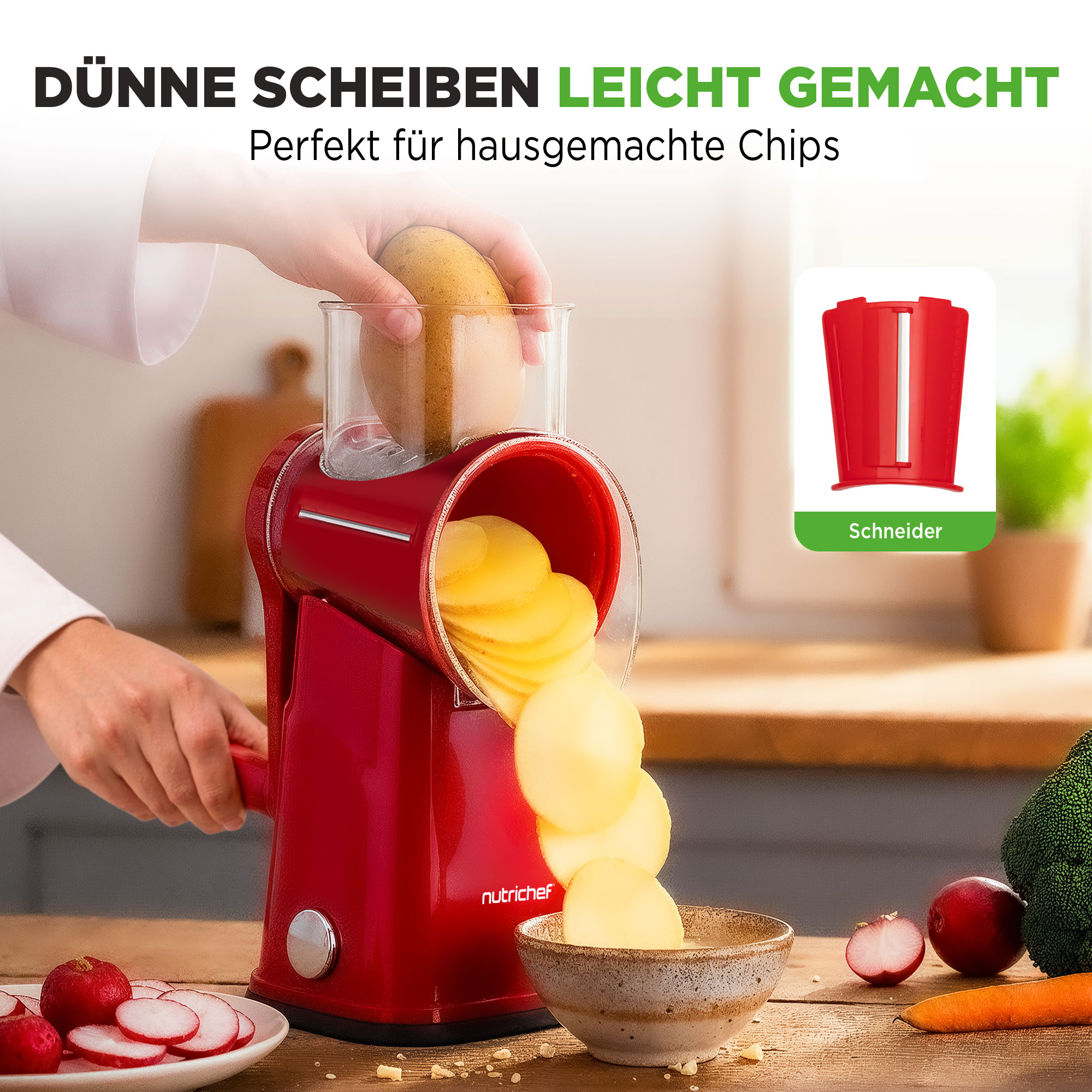 Roter Spiralschneider schneidet Kartoffeln in Scheiben in eine Schüssel.