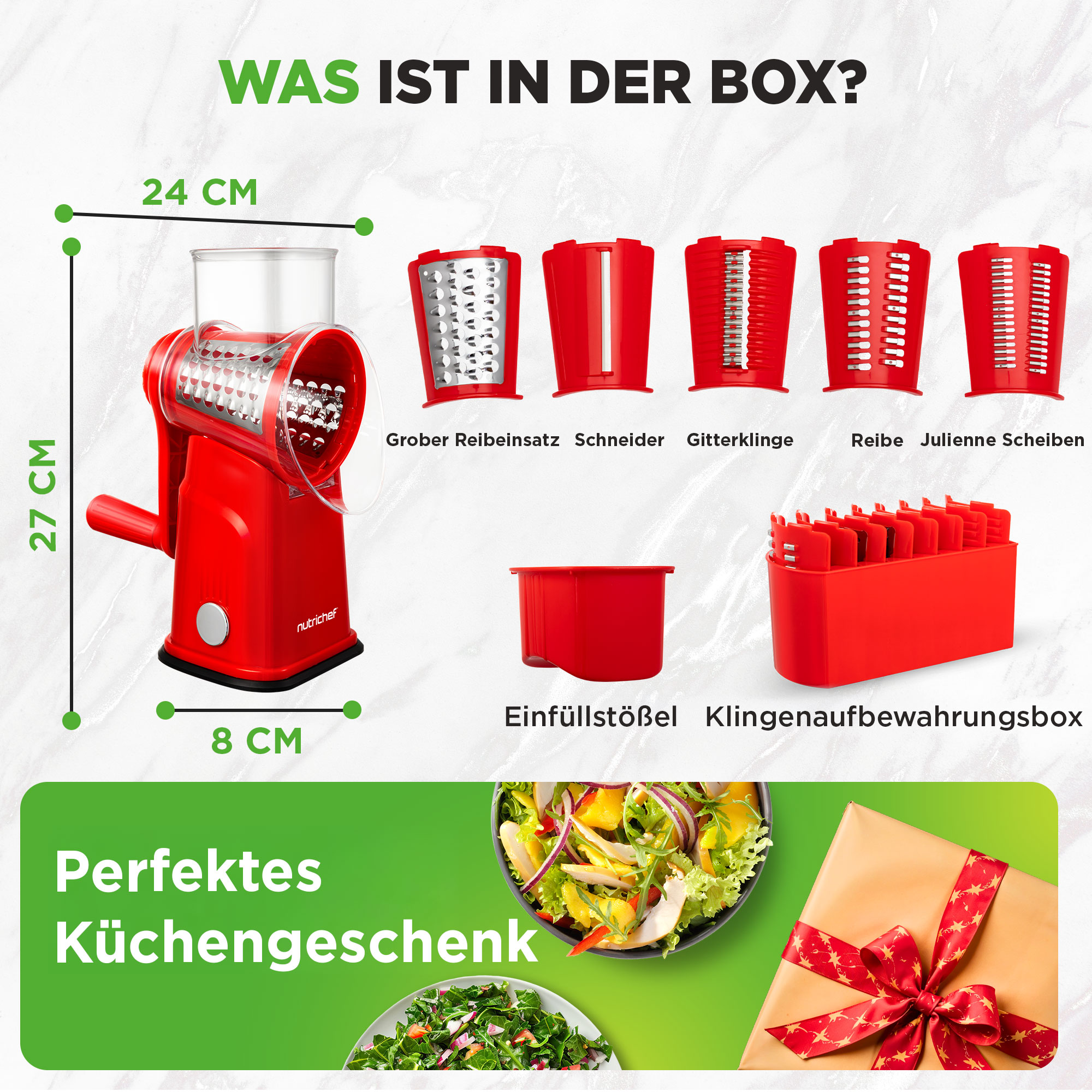 Roter Küchenreiben mit Zubehör und Maßen, daneben Salate und Geschenk.