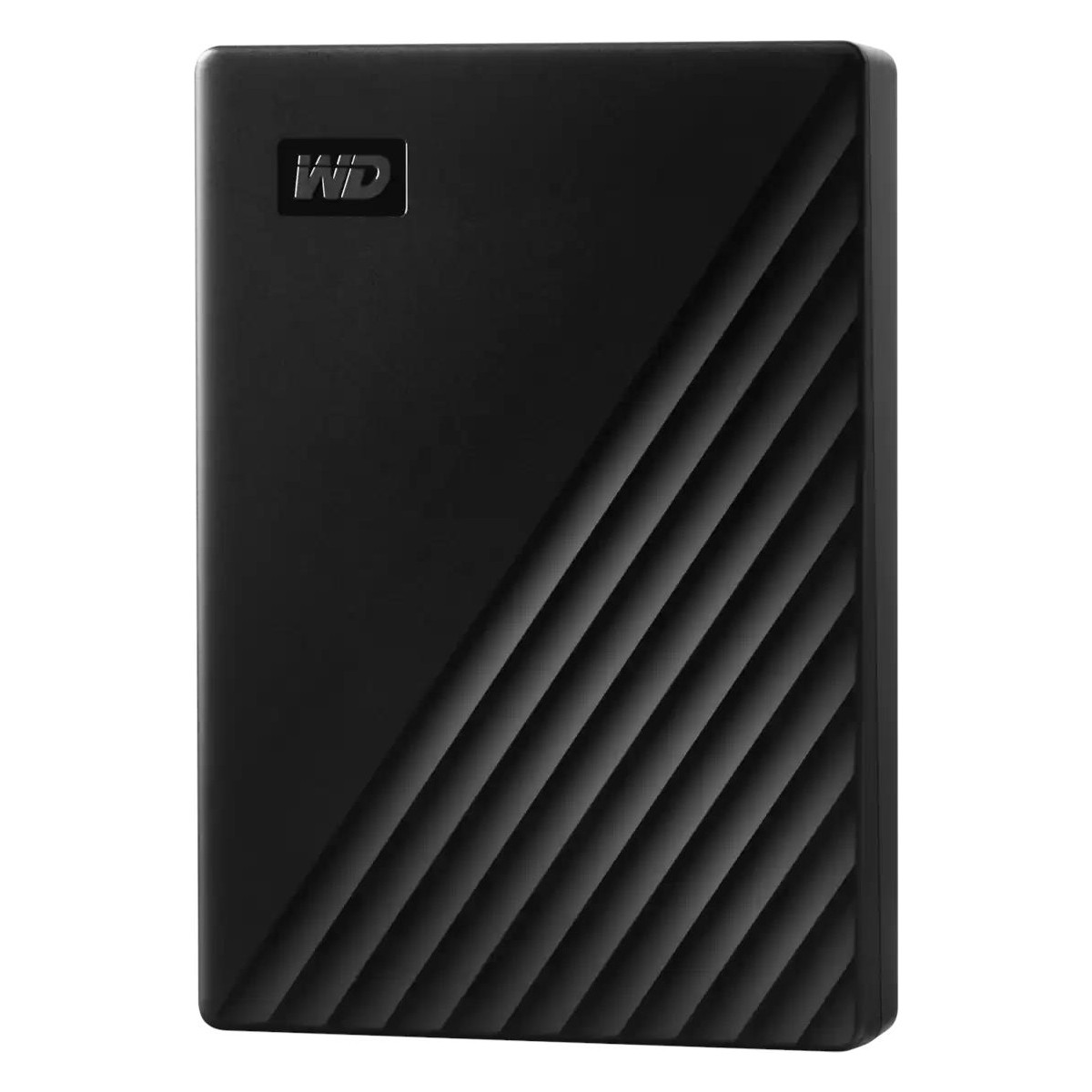 WD logolu, nervürlü desenli siyah harici sabit disk.