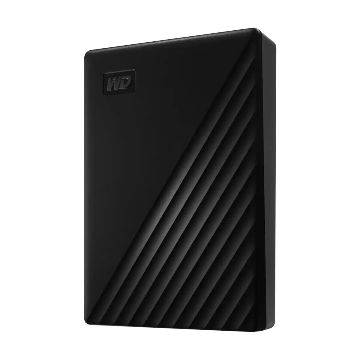WD logolu, nervürlü tasarıma sahip siyah harici sabit disk.