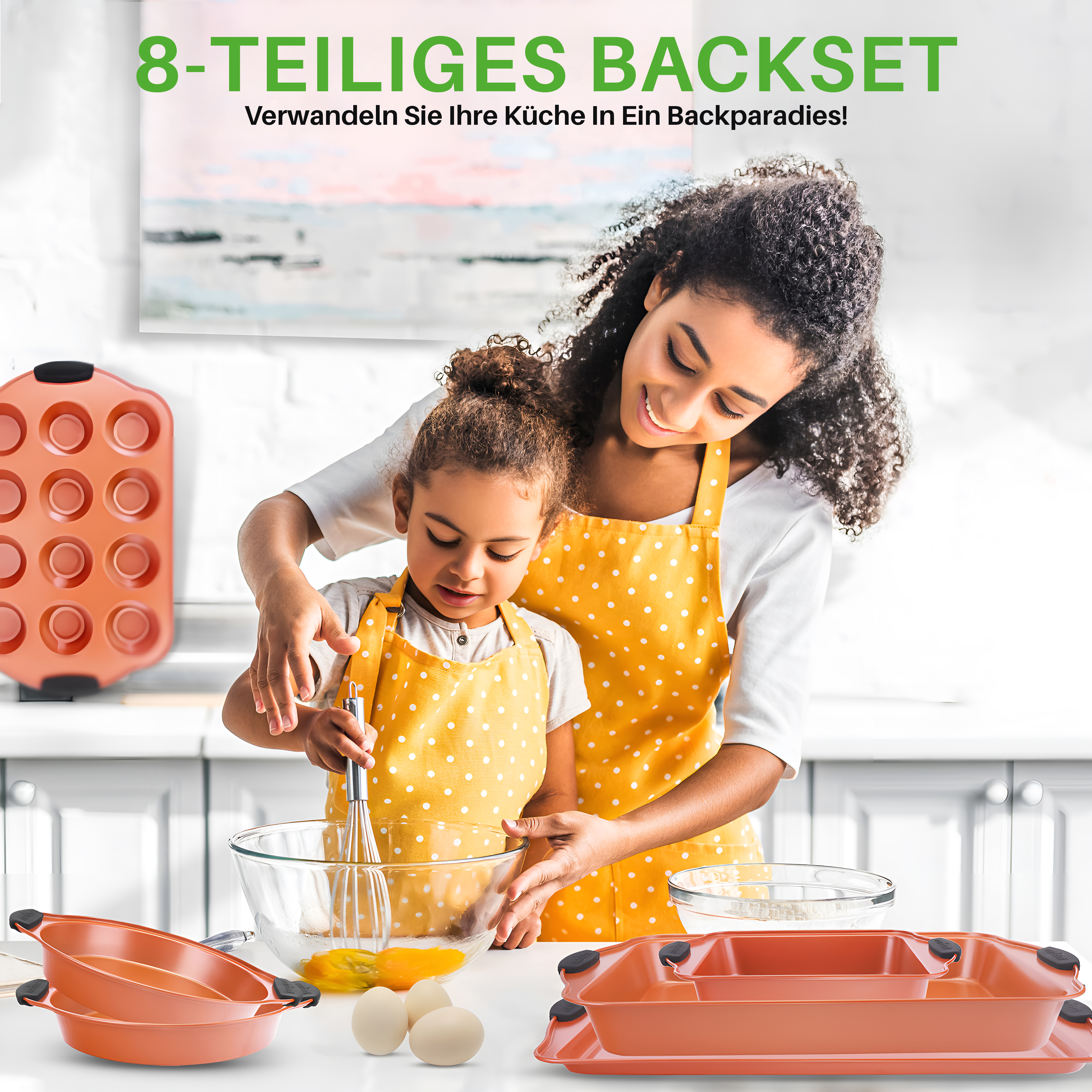 Mutter und Kind backen zusammen mit Backutensilien und Eiern.