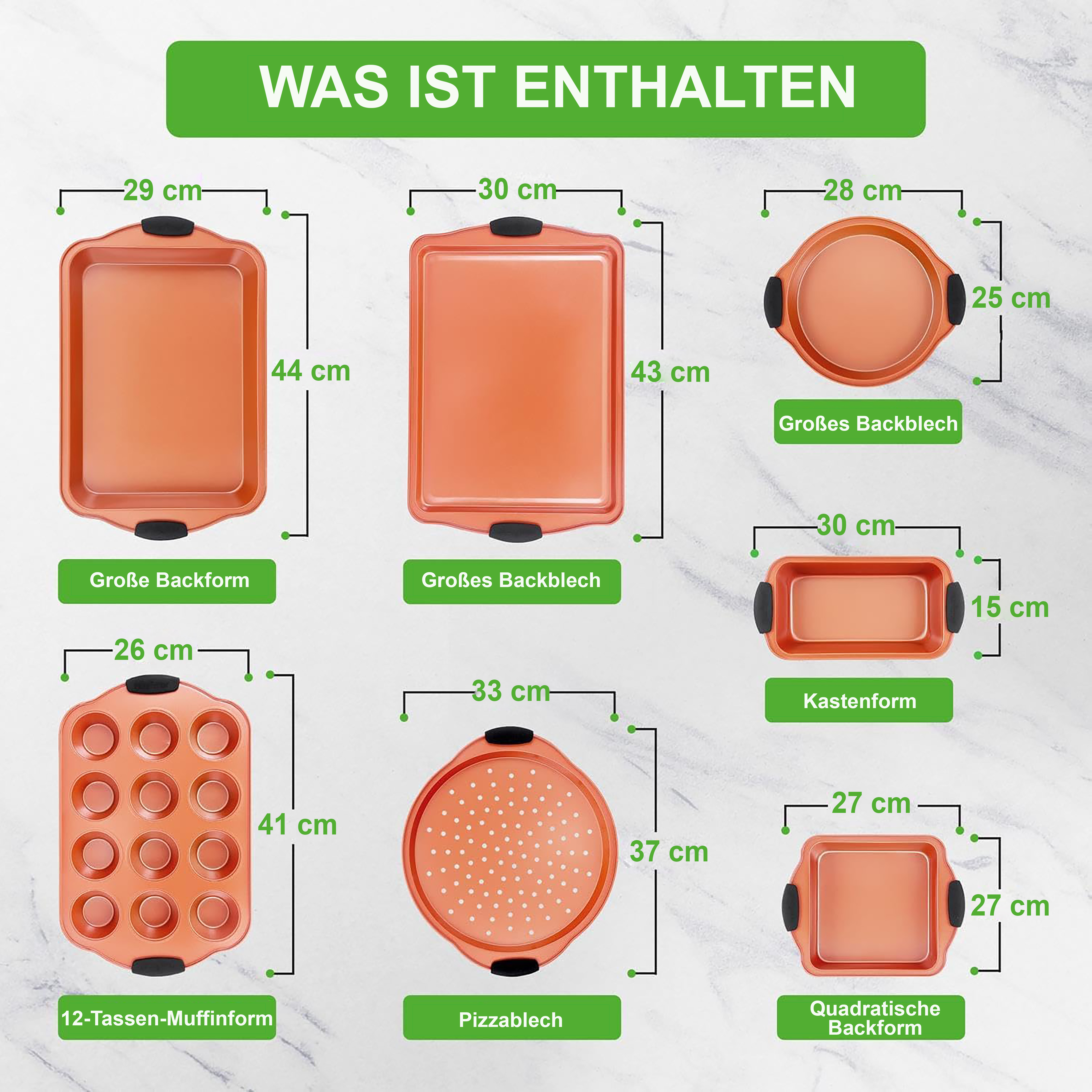 Bilder von verschiedenen Backformen aus Kupfer mit Größenangaben.