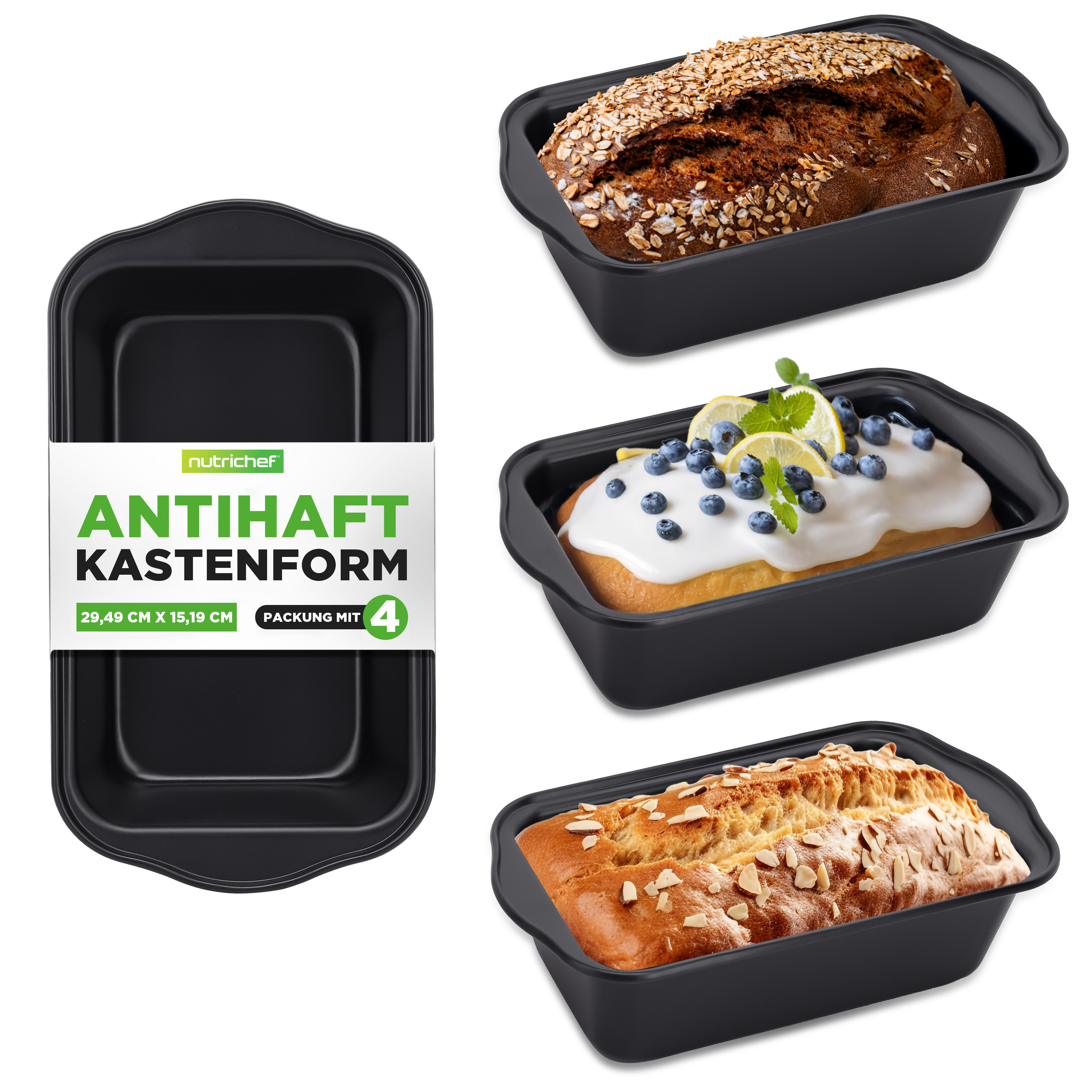Ein schwarzes Backblech mit drei verschiedenen Broten: eins mit Haferflocken, eins mit Zuckerguss und Beeren, eins mit Mandeln.