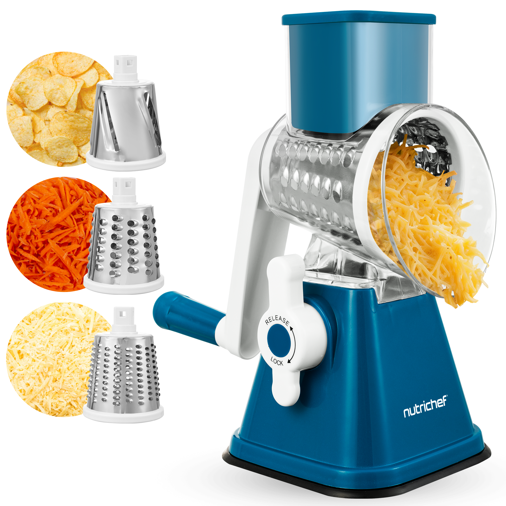 Blau-weiße Drehreibemaschine mit drei Wechselklingen, die Käse reiben.
