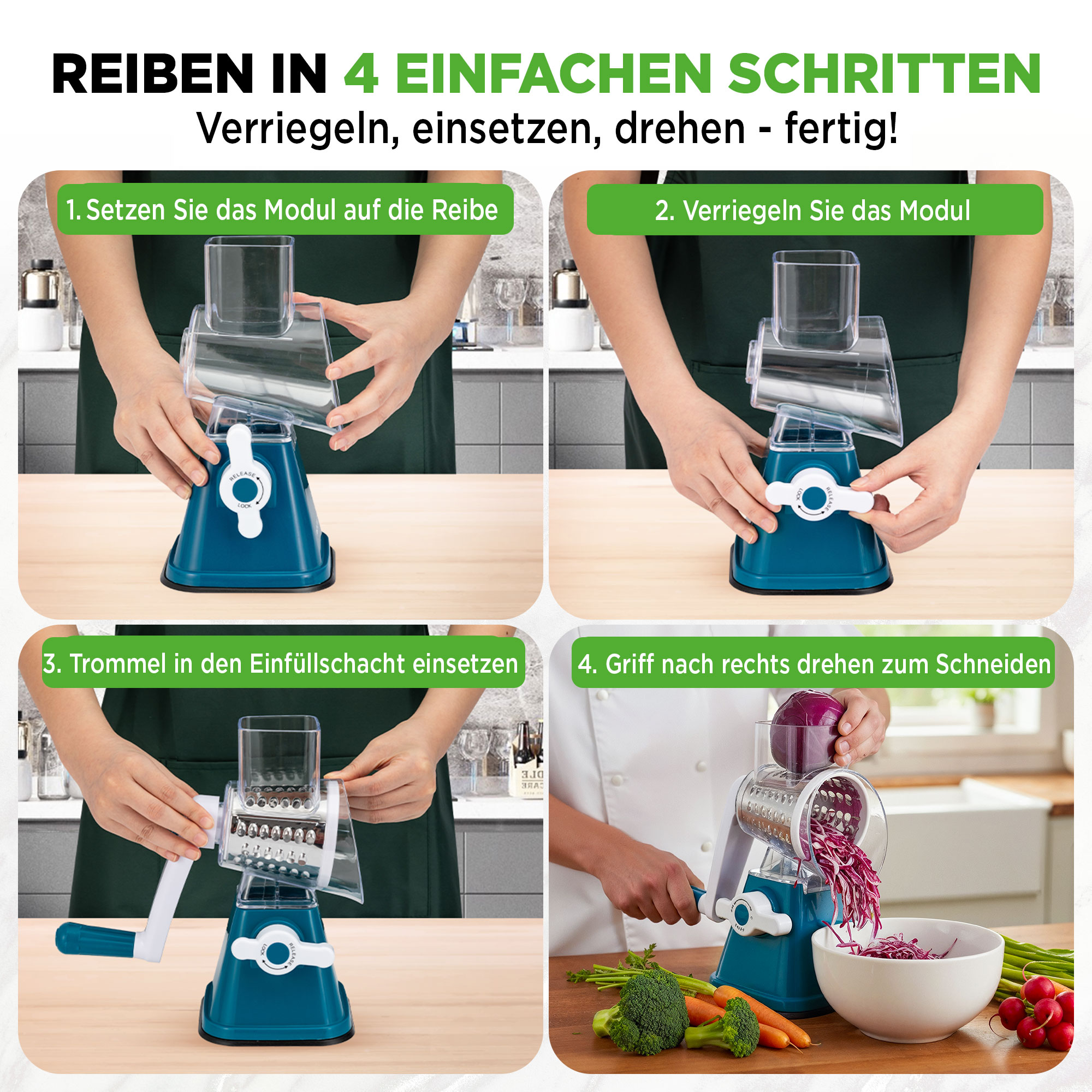 Vier Schritte: Modul aufsetzen, verriegeln, einsetzen, drehen zum Reiben.