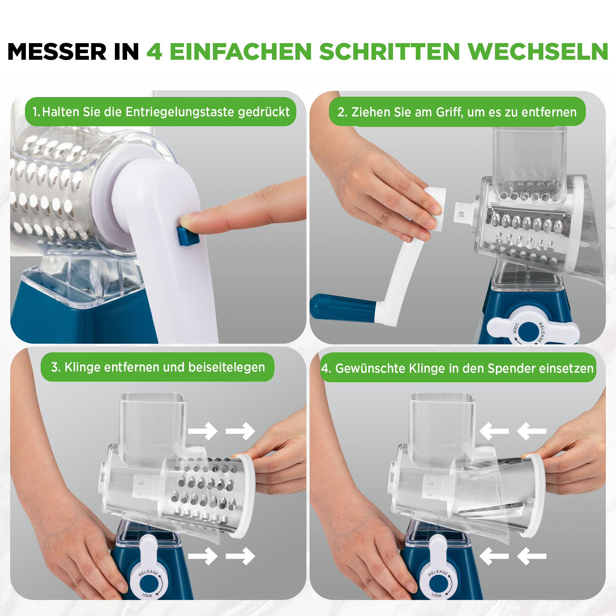Anleitung zum Wechseln des Messers eines Küchenhobels in 4 Schritten.