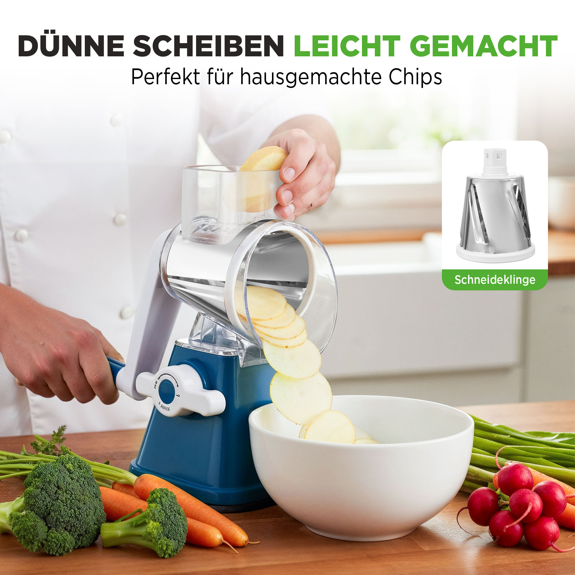 Ein manueller Gemüseschneider schneidet Kartoffelscheiben in eine Schüssel.