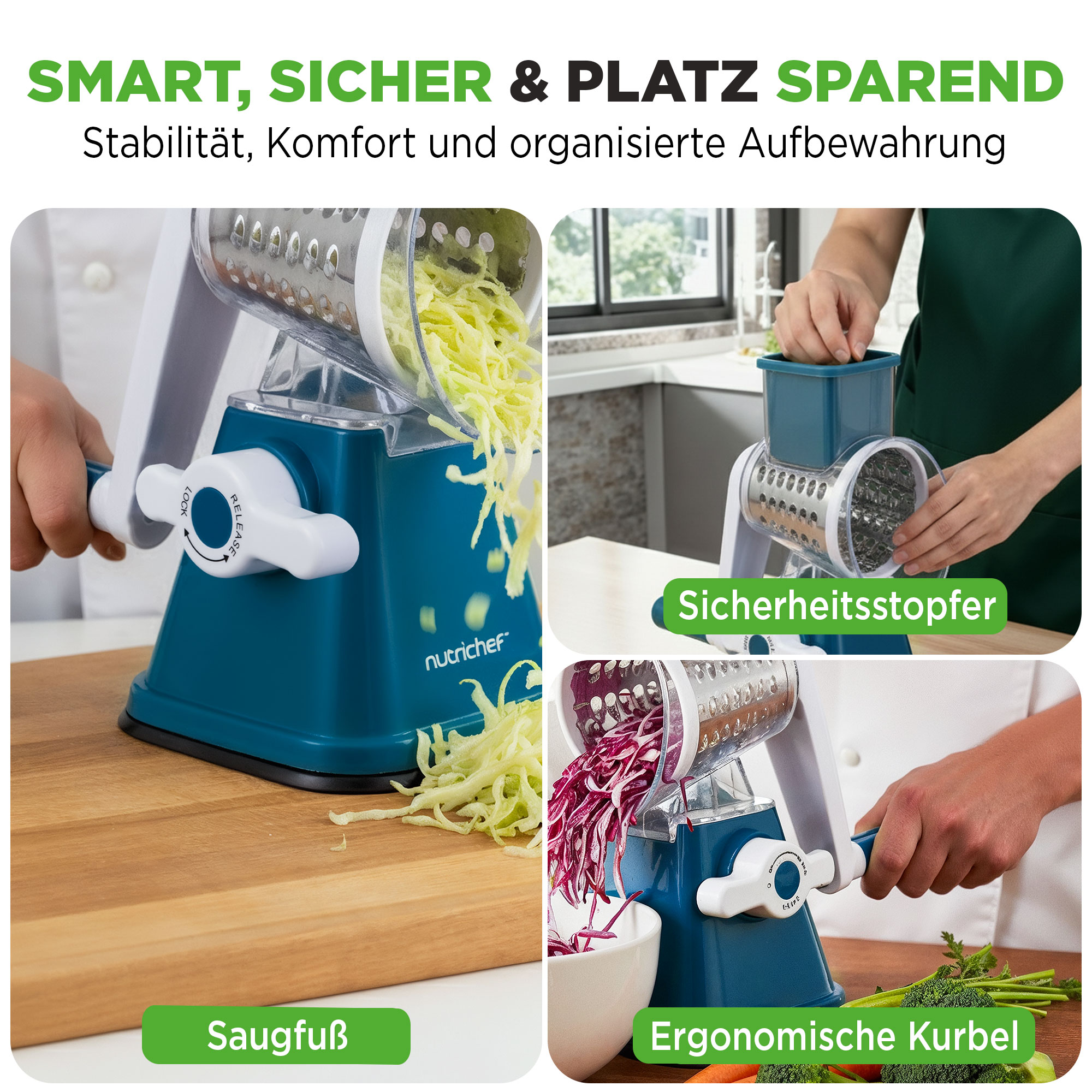 Ein Küchenschneider mit Saugfuß, der Salat schneidet.