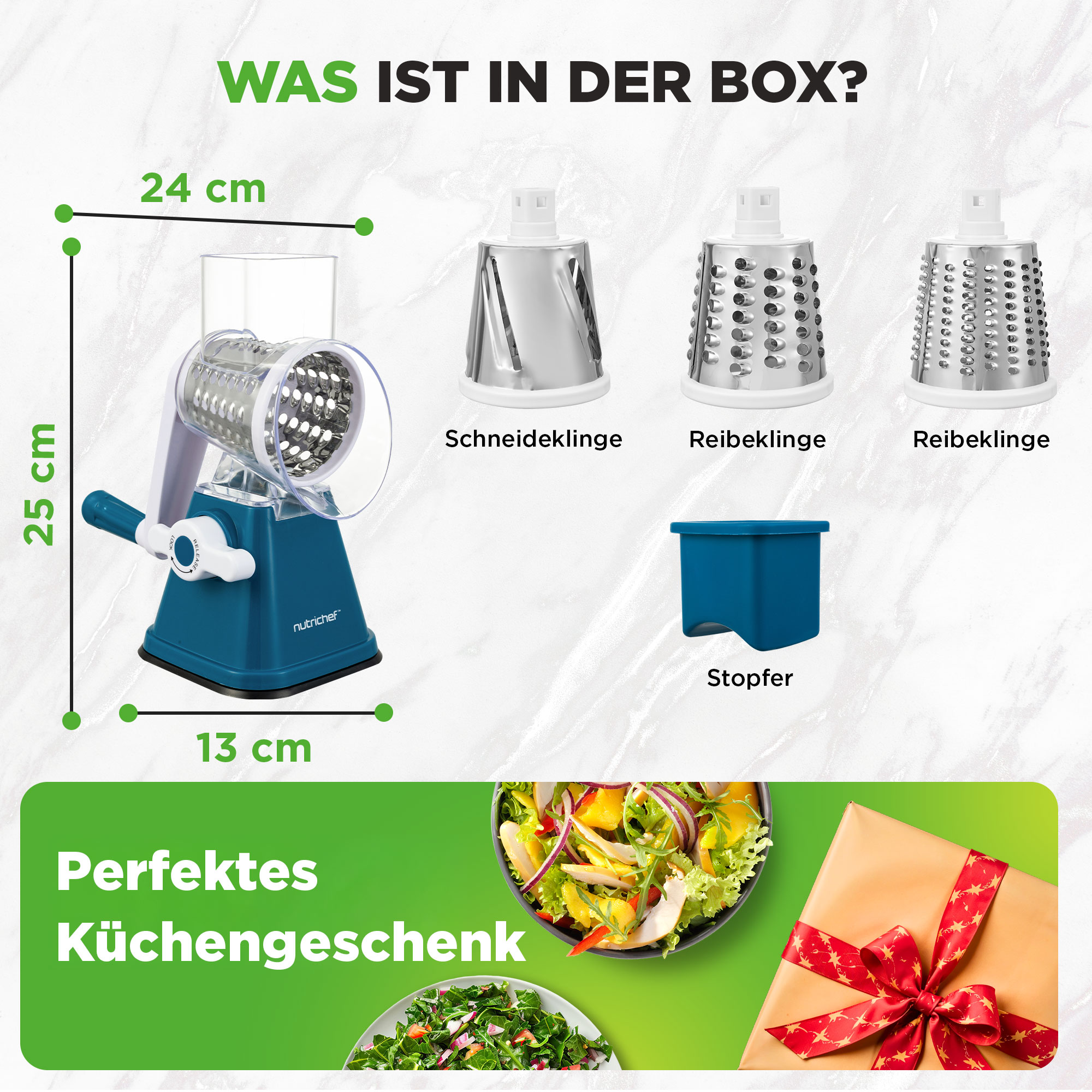 Küchenreibe mit drei Einsätzen, Stopfer, Maßen und Salaten.