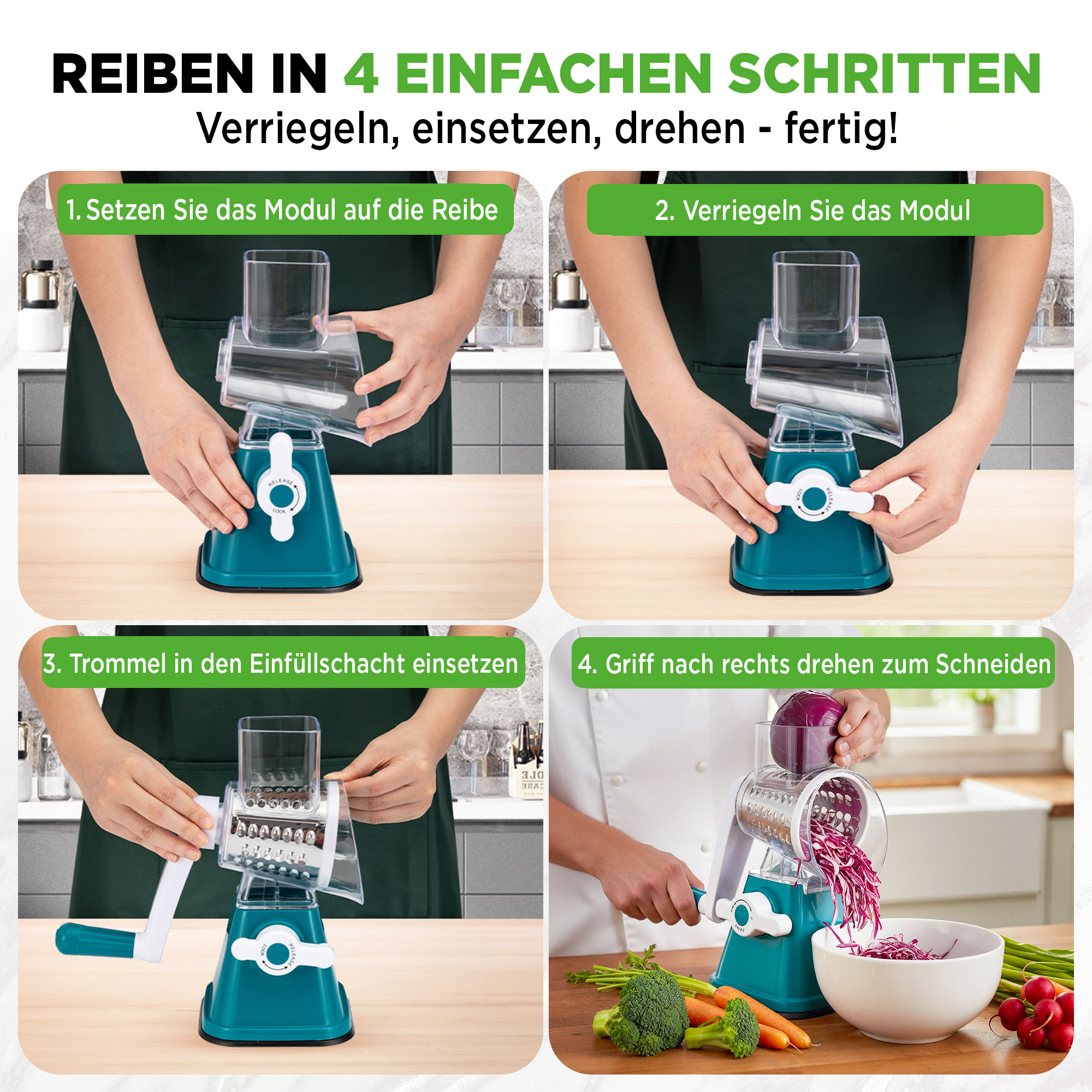 Vier Schritte zum Reiben: Montage, Verriegelung, Einsatz und Drehen.