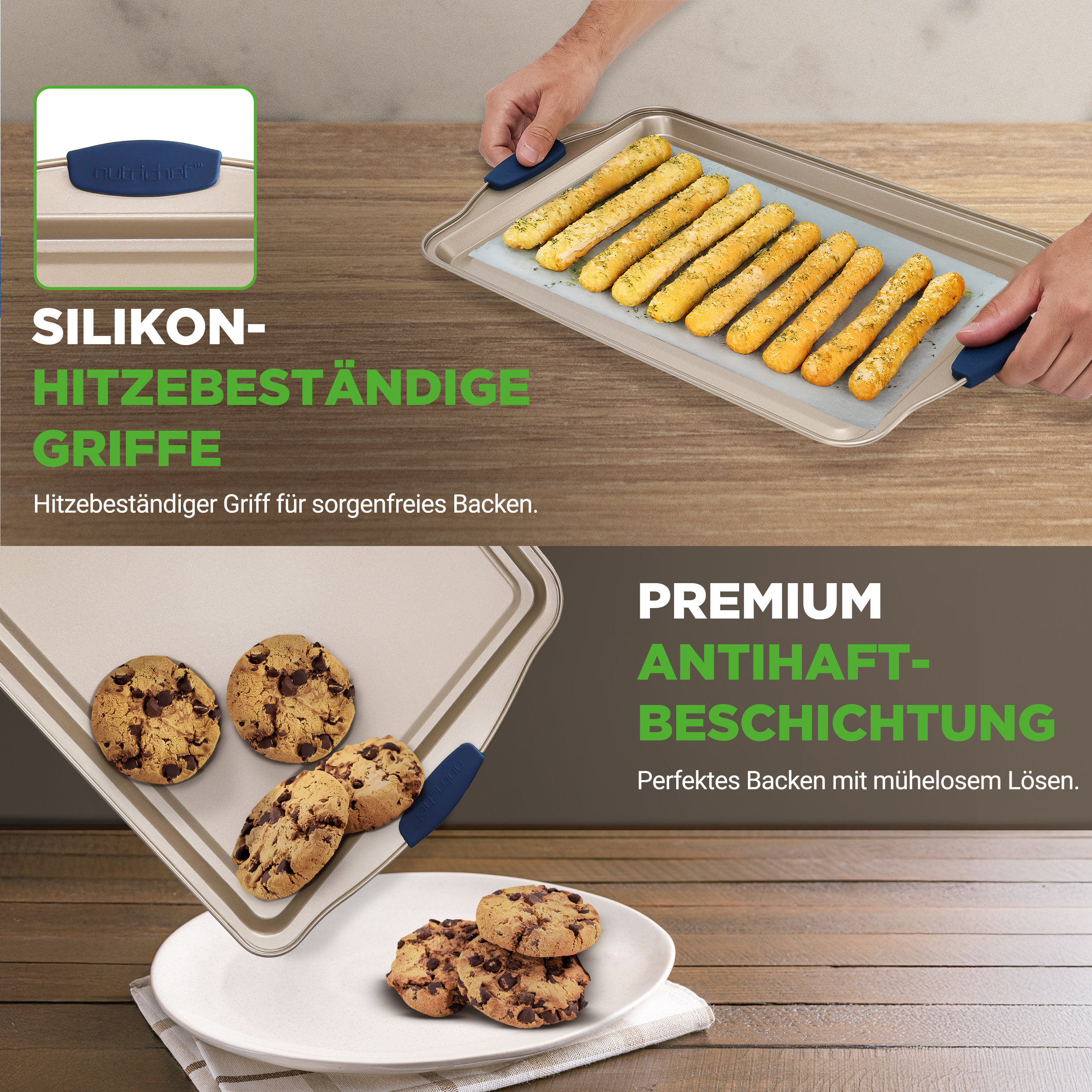Backblech mit Brotstangen und Keksen, mit Silikon-Griffen und Antihaft-Beschichtung.