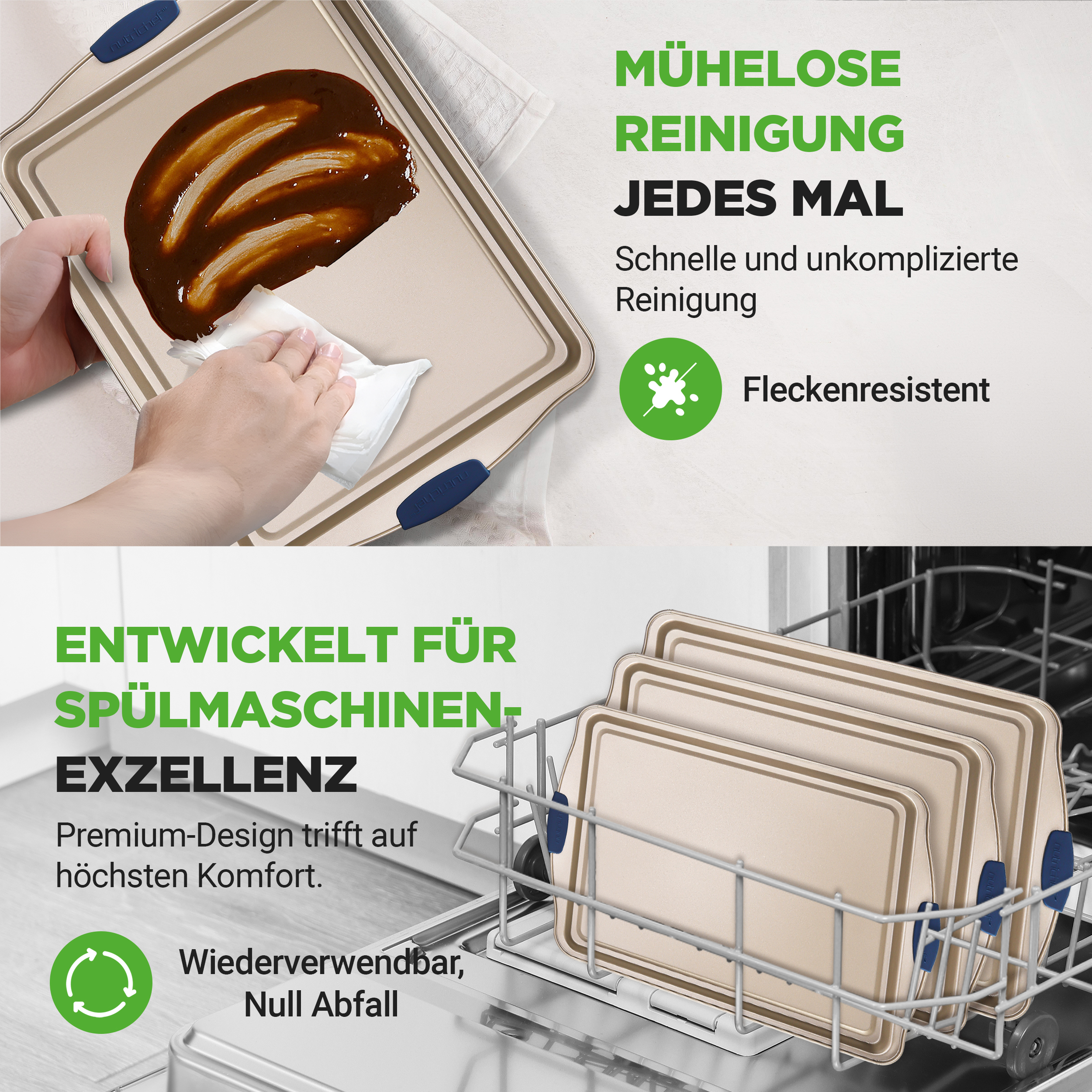 Backbleche werden in einem Geschirrspüler gestapelt, die Reinigung ist einfach.