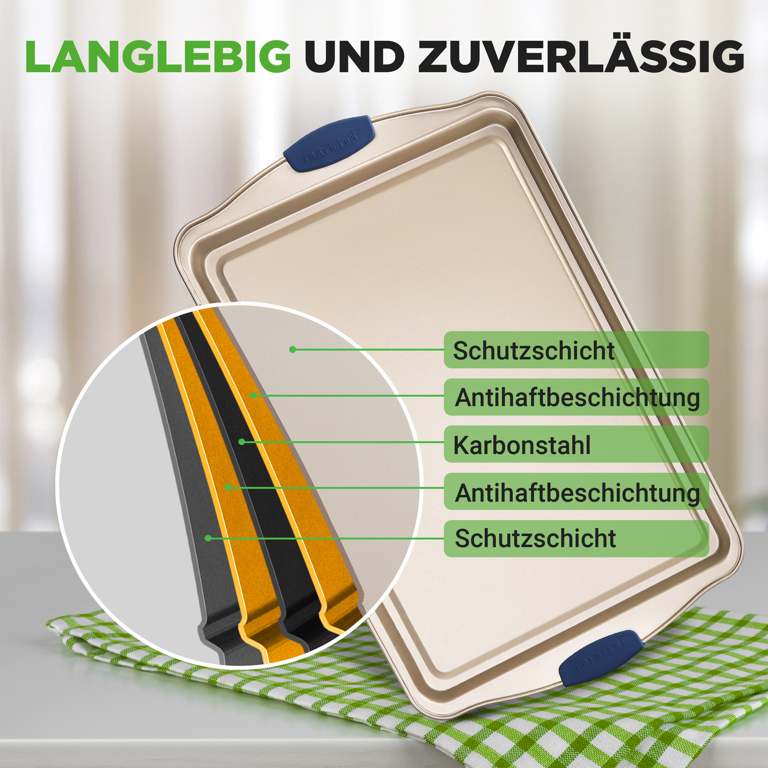 Eine goldene Backform mit blauen Griffen, daneben die Schichten aus Karbonstahl.