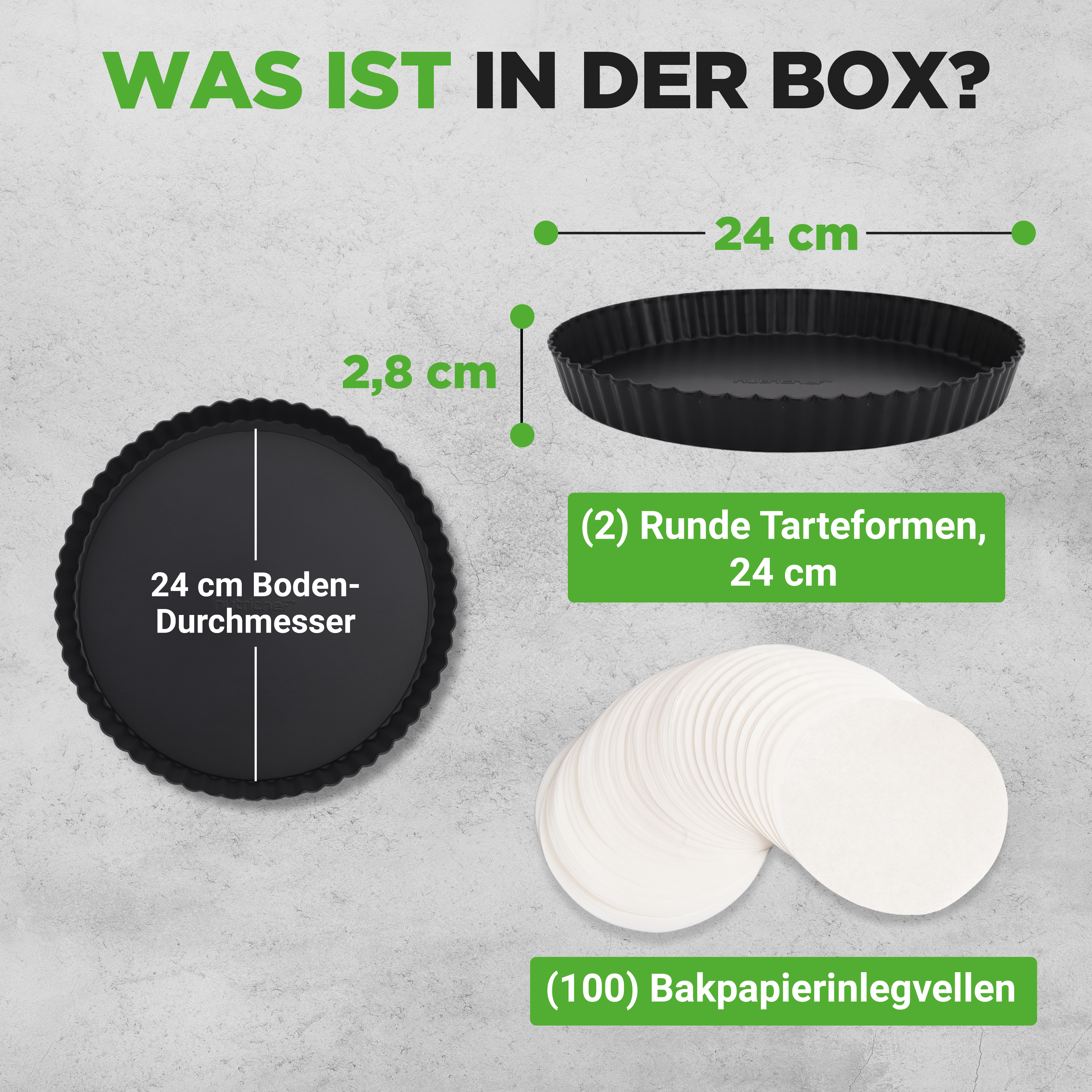 Ein schwarzer Kuchenform (24cm) mit 2,8cm Höhe, und 100 runde Backpapierbögen.