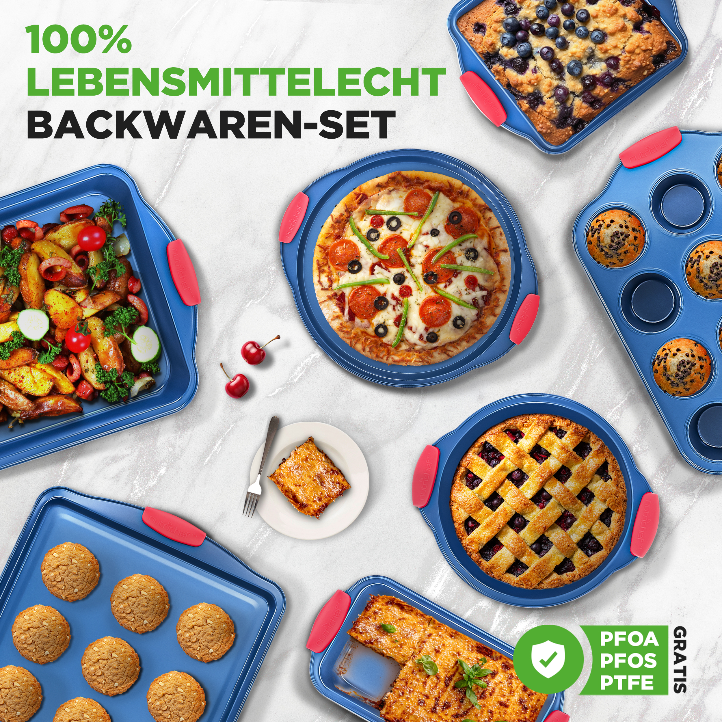 Blauer Backwaren-Set mit Pizza, Kuchen, Muffins, Keksen, Braten & Kartoffeln.