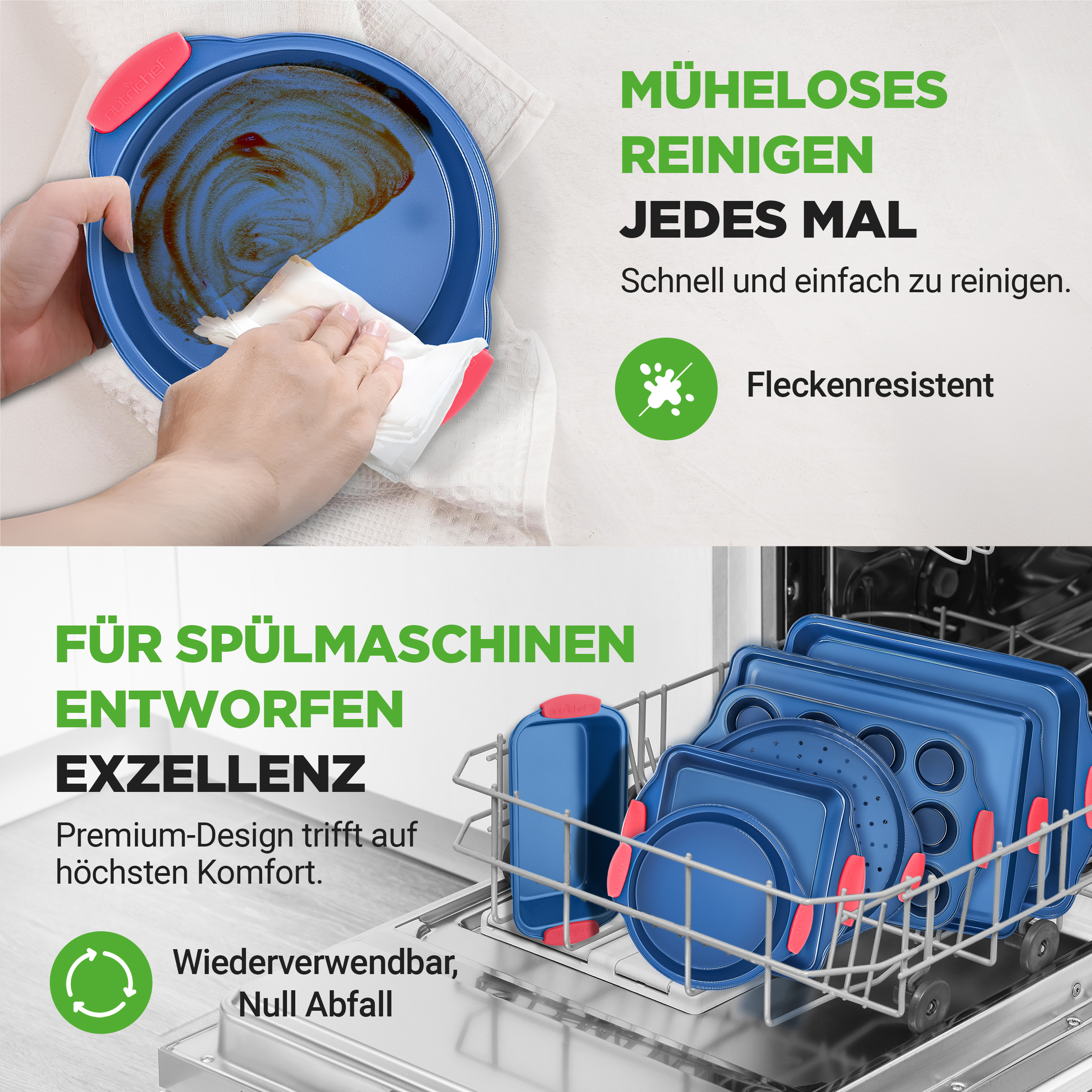 Blaue Backformen mit roten Griffen in einem Geschirrspüler, leicht zu reinigen.