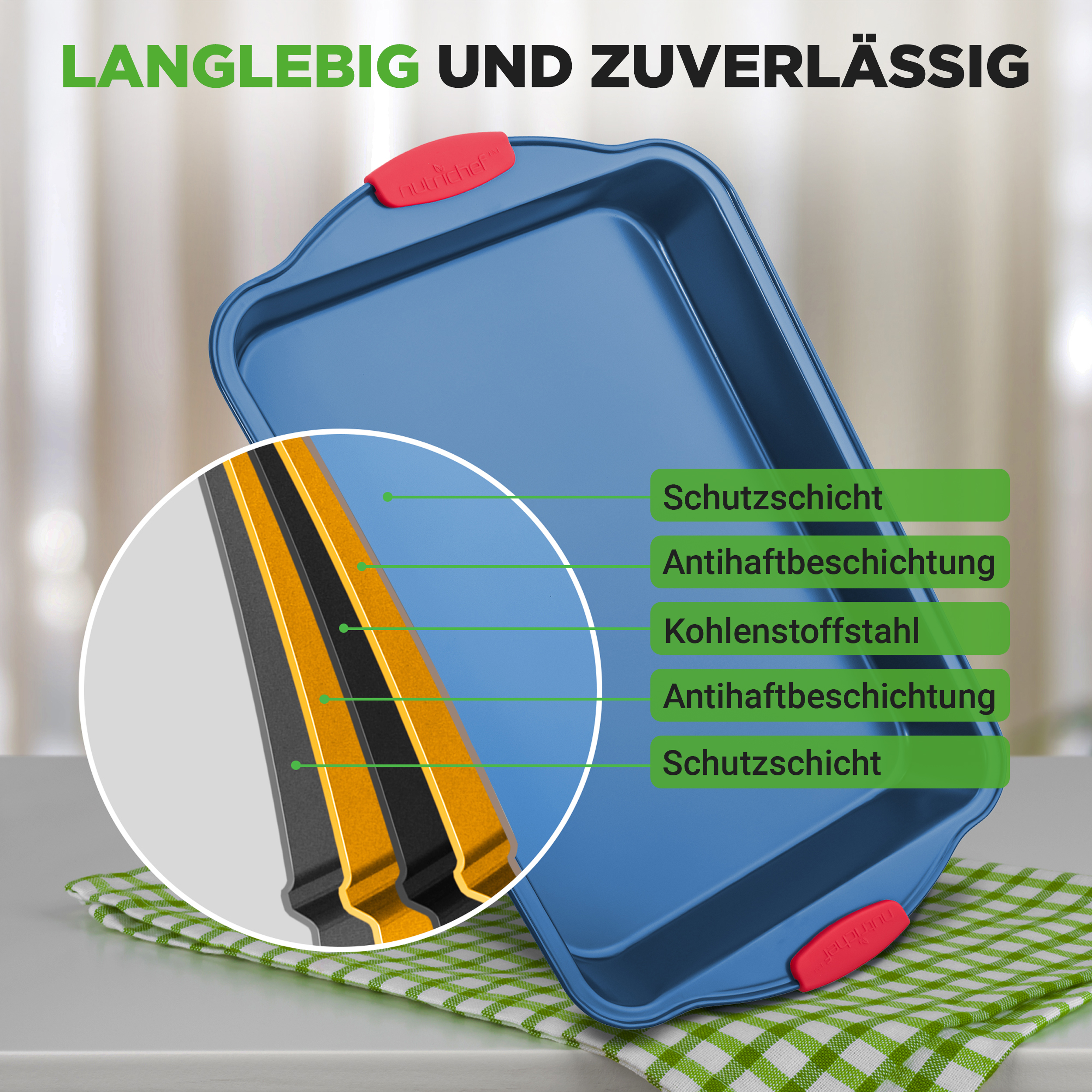 Blaue Backform mit roten Griffen, Detailansicht der Schichten.