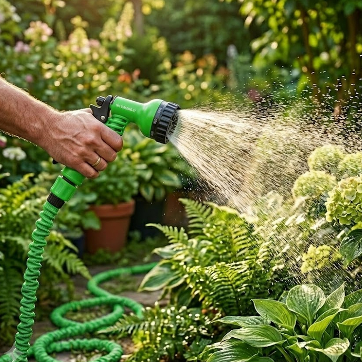 Eine Hand hält eine grüne Spritzpistole, die Wasser auf Pflanzen sprüht.