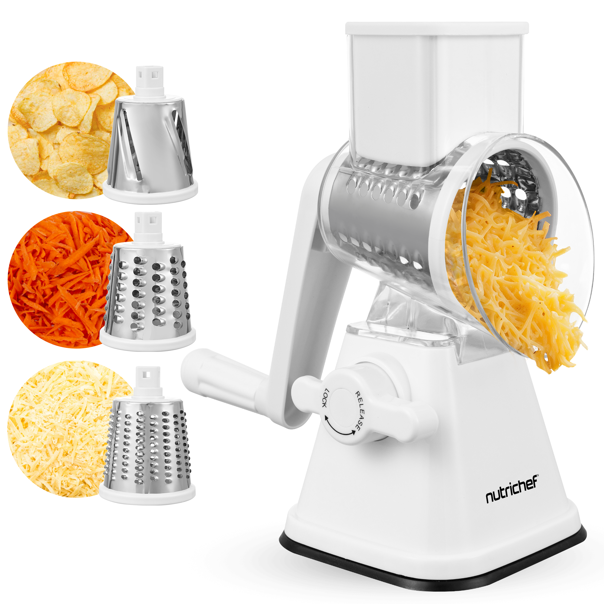 Ein weißer Küchenreibe mit drei Trommeln, die Chips, Karotten und Käse zeigen.