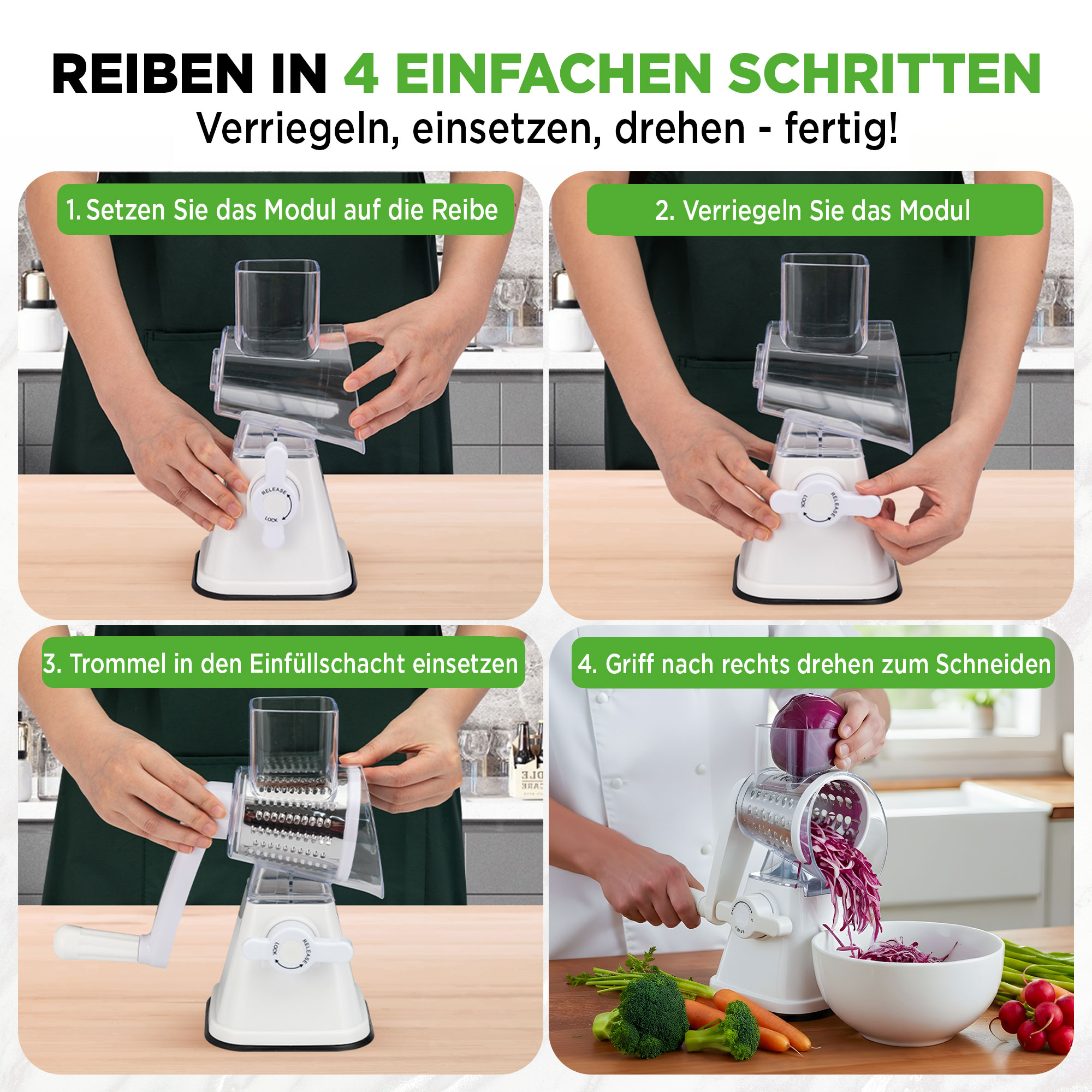 Vier Schritte zum Reiben: Modul anbringen, verriegeln, Trommel einsetzen, drehen.