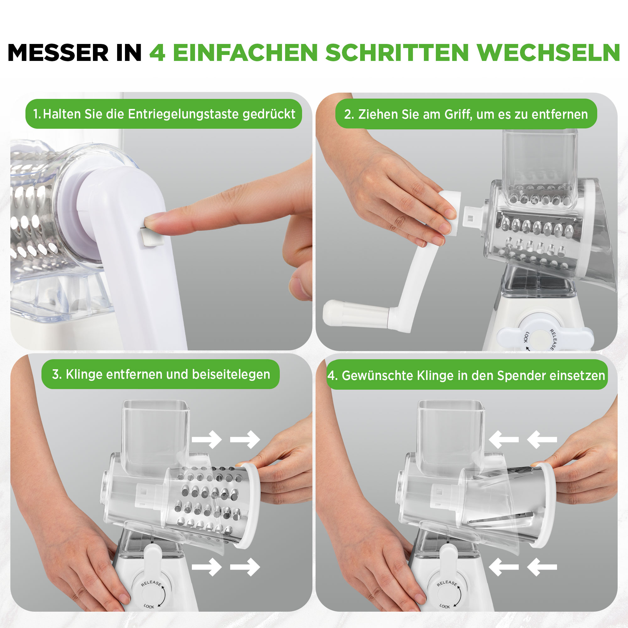 Schritt-für-Schritt-Anleitung zum Wechseln der Klinge eines Gemüseschneiders.
